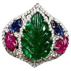 Estate 18K Tutti Frutti Leaf Emerald Ruby Sapphire Diamond Cocktail Ring 11.61ct
