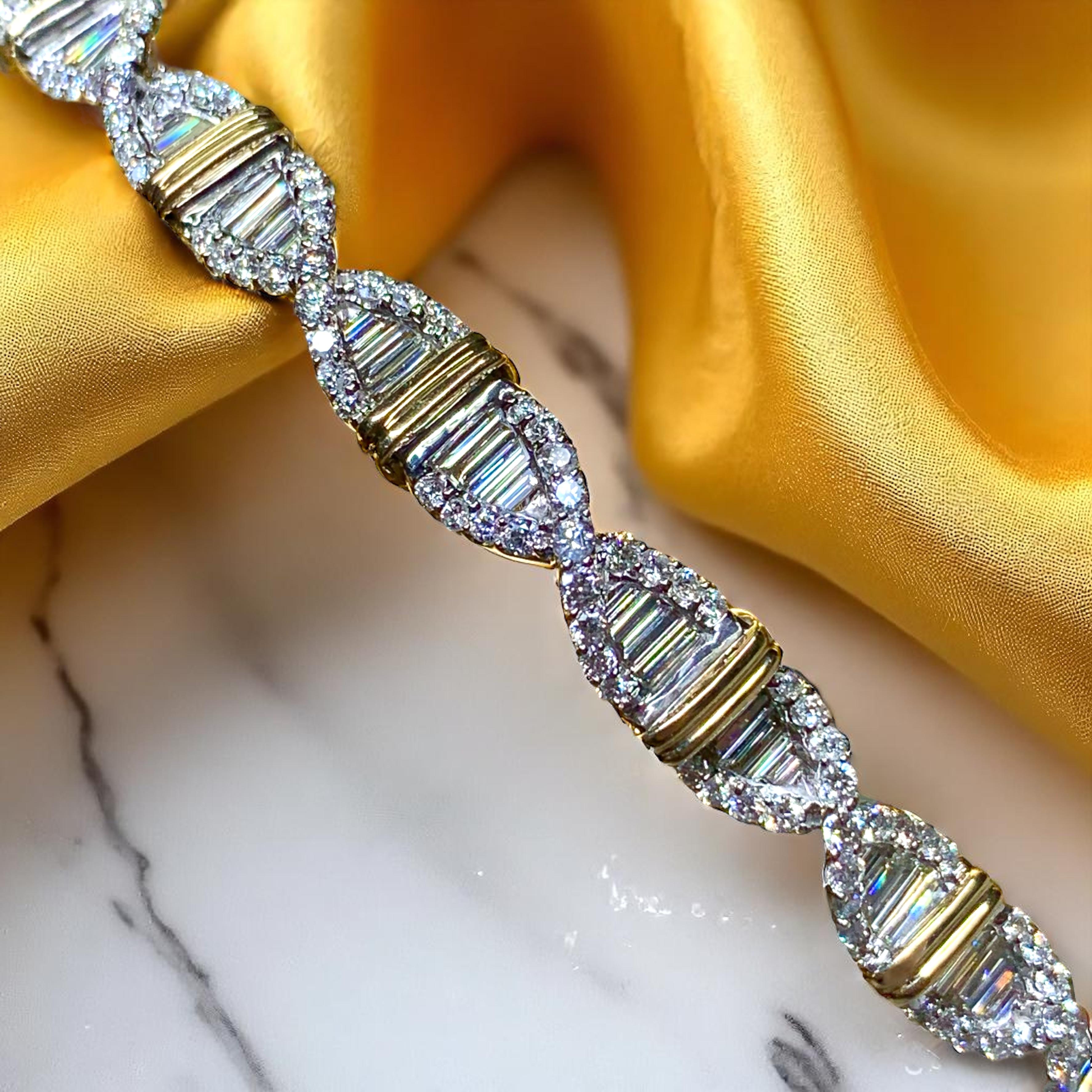 Estate 18K Two Tone Baguette Round Diamond Line Bracelet NUMBERED 7.32ctw G Vs 4