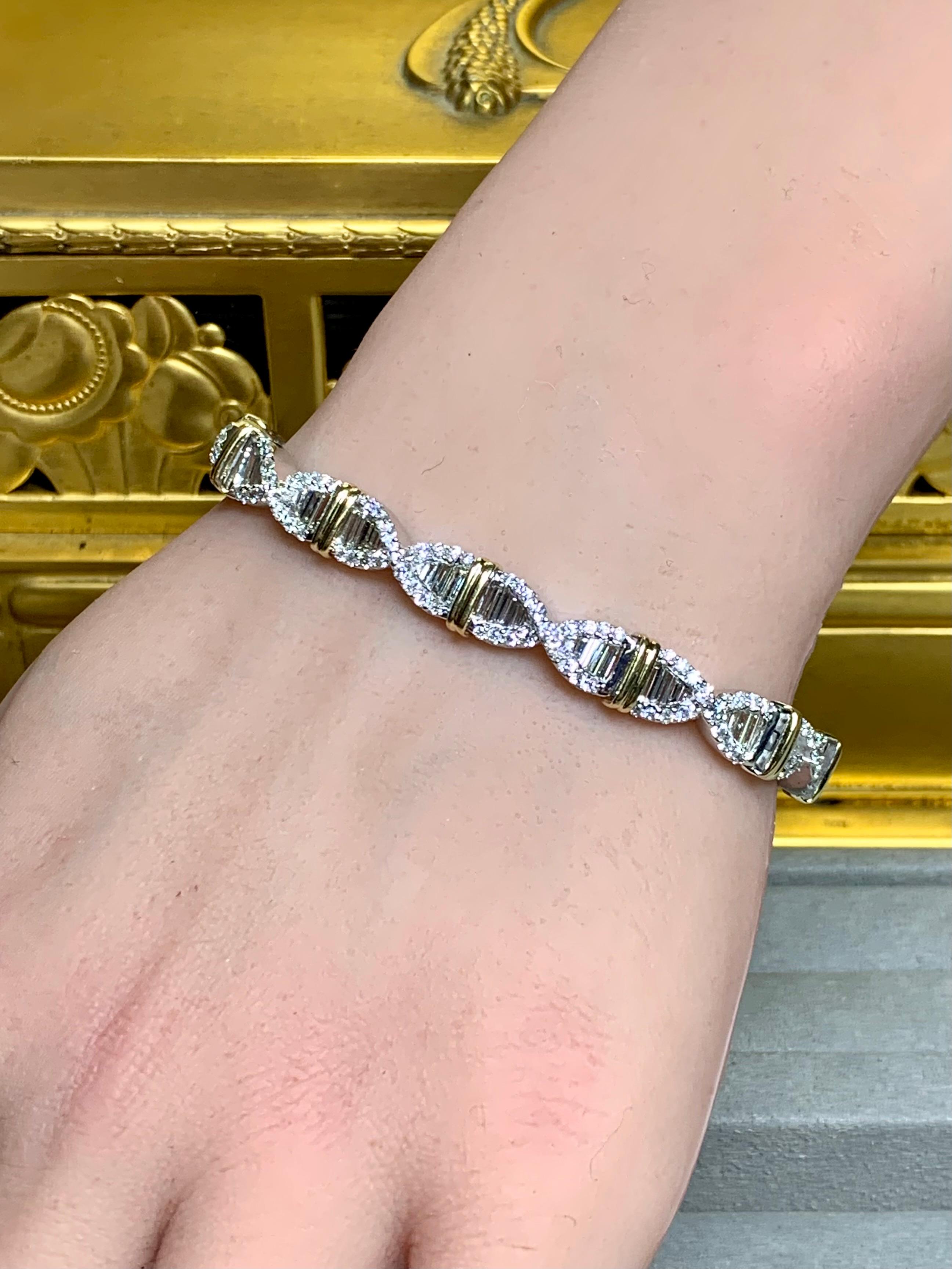 Estate 18K Two Tone Baguette Round Diamond Line Bracelet NUMBERED 7.32ctw G Vs 2