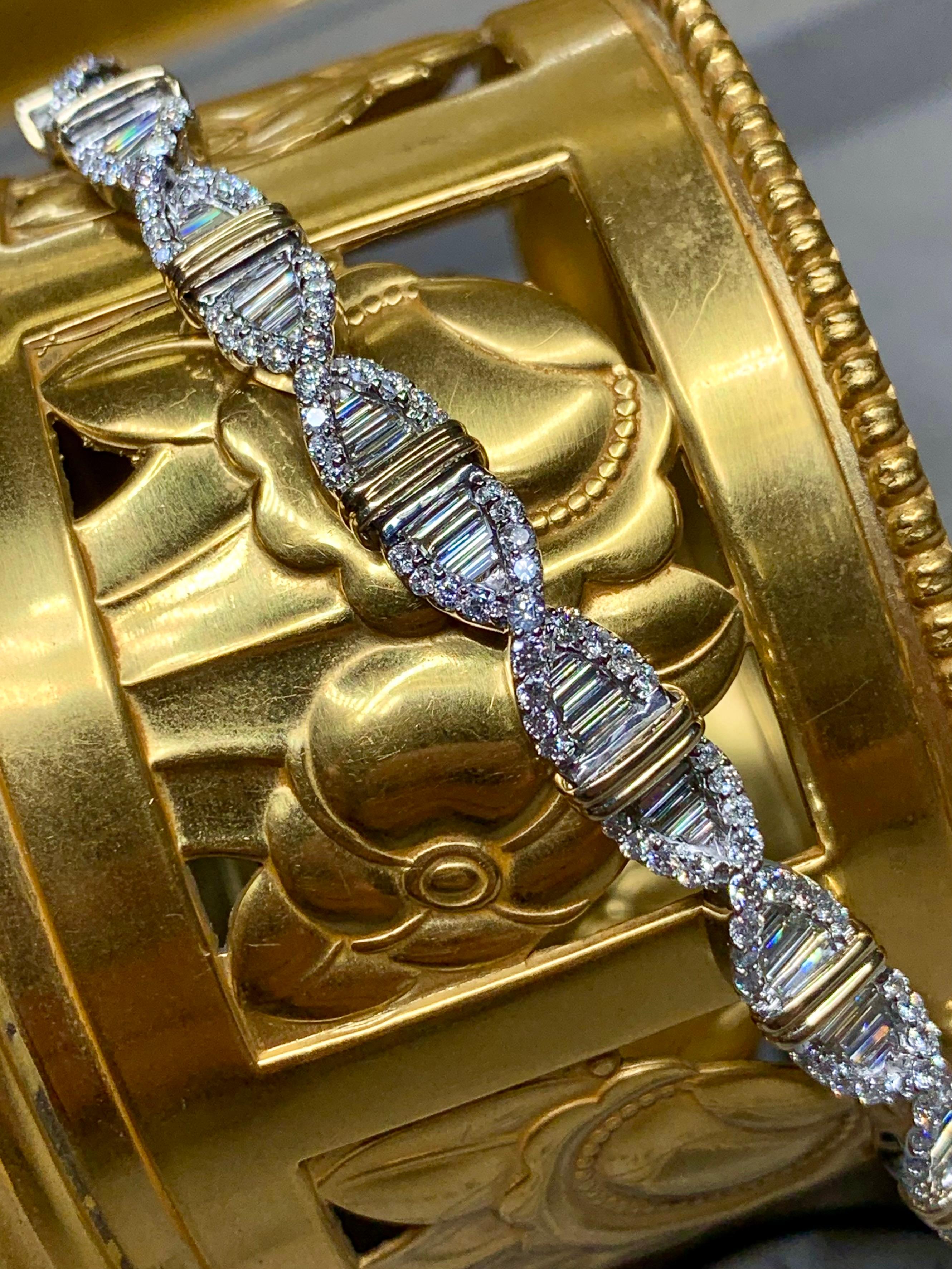 Estate 18K Two Tone Baguette Round Diamond Line Bracelet NUMBERED 7.32ctw G Vs 3