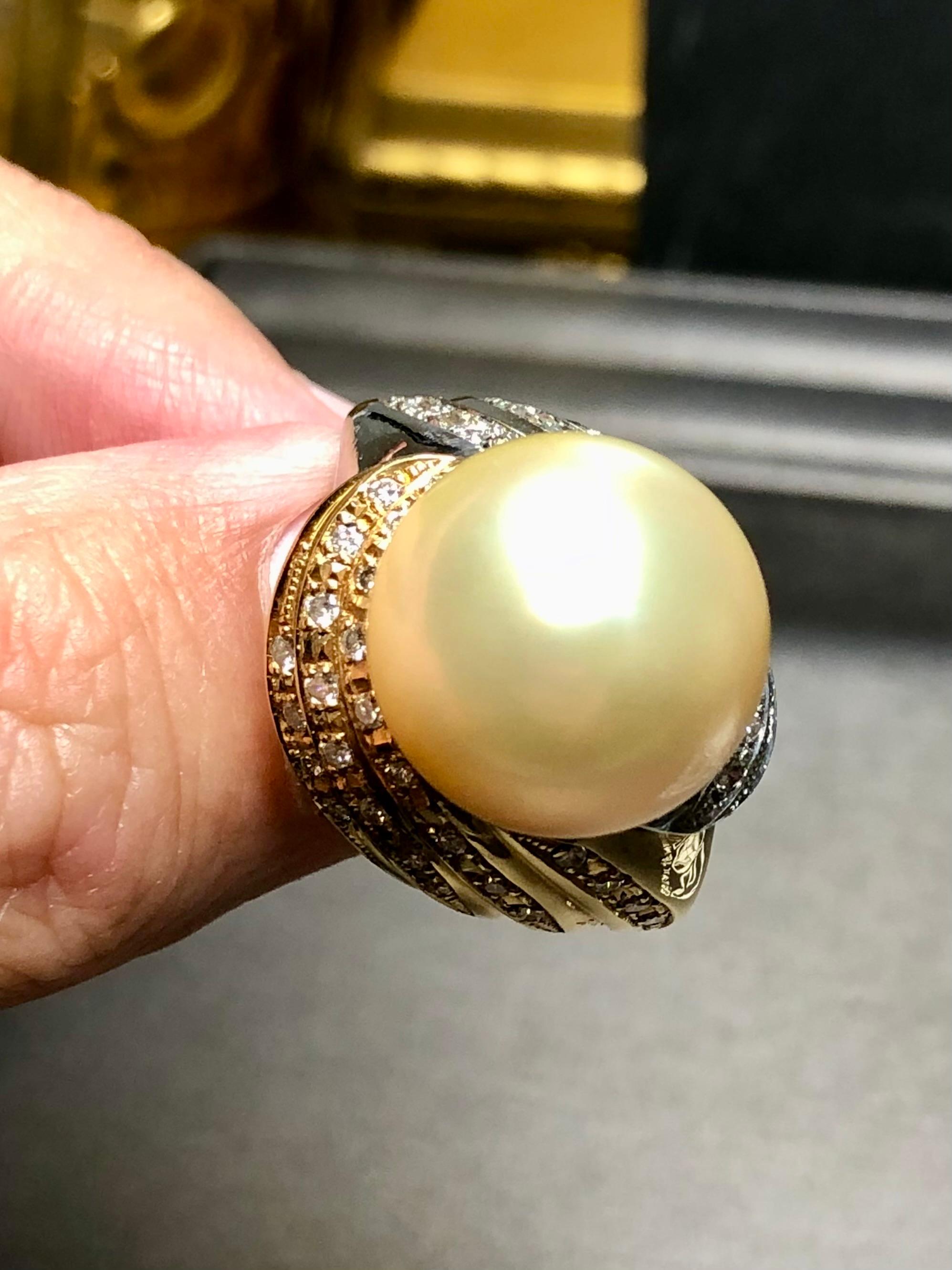 Estate 18K Two Tone Diamond Gold South Sea Pearl Cocktail Ring 16.30mm  Sz 7 For Sale 2