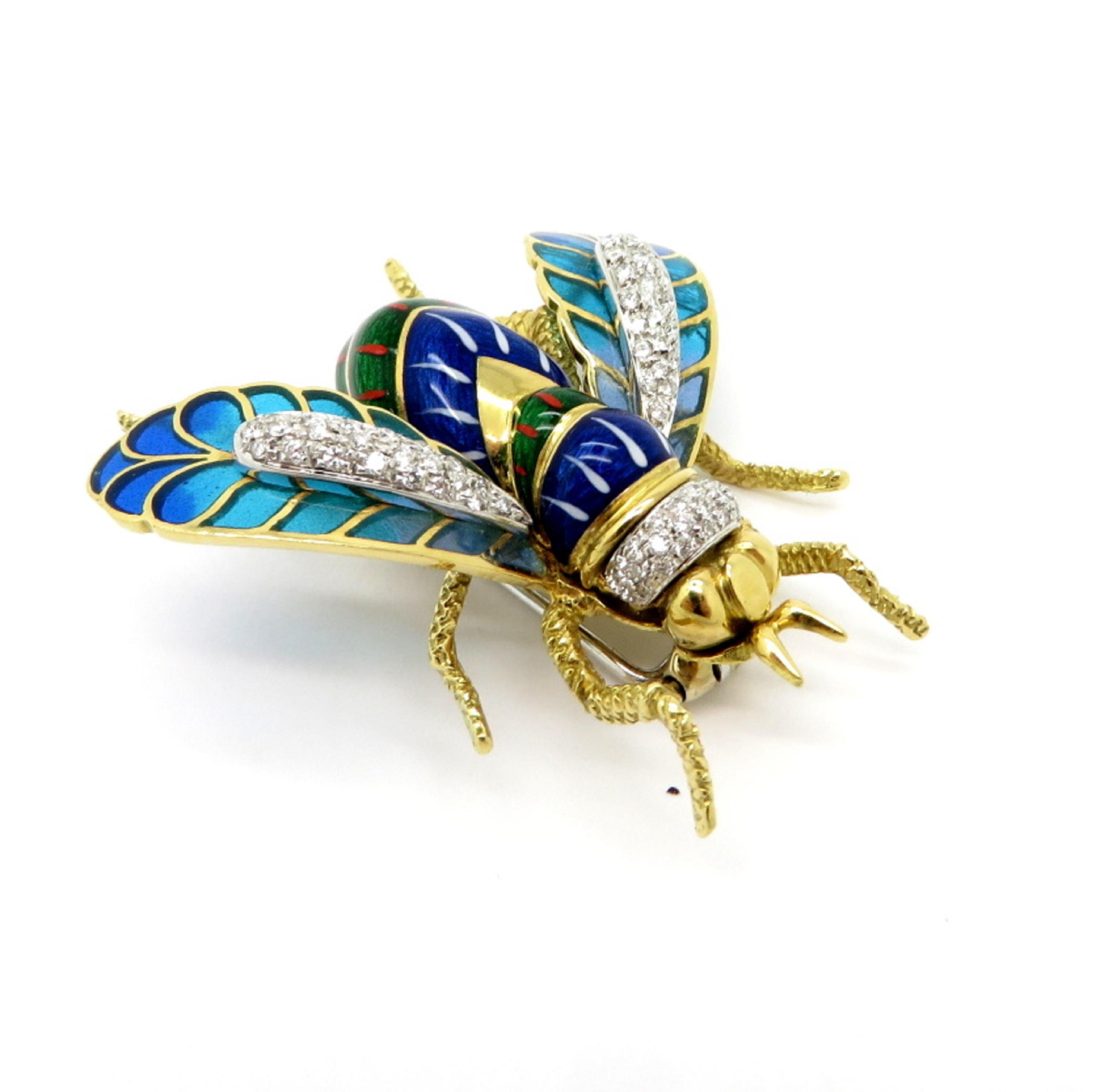 Estate 18K two-tone diamond Plique A’ Jour enamel bumblebee brooch pin. Showcasing 67 round brilliant cut diamonds weighing a combined total of 0.60 carats. It is secured with a double pin bar on the reverse side in a trombone style closure. The