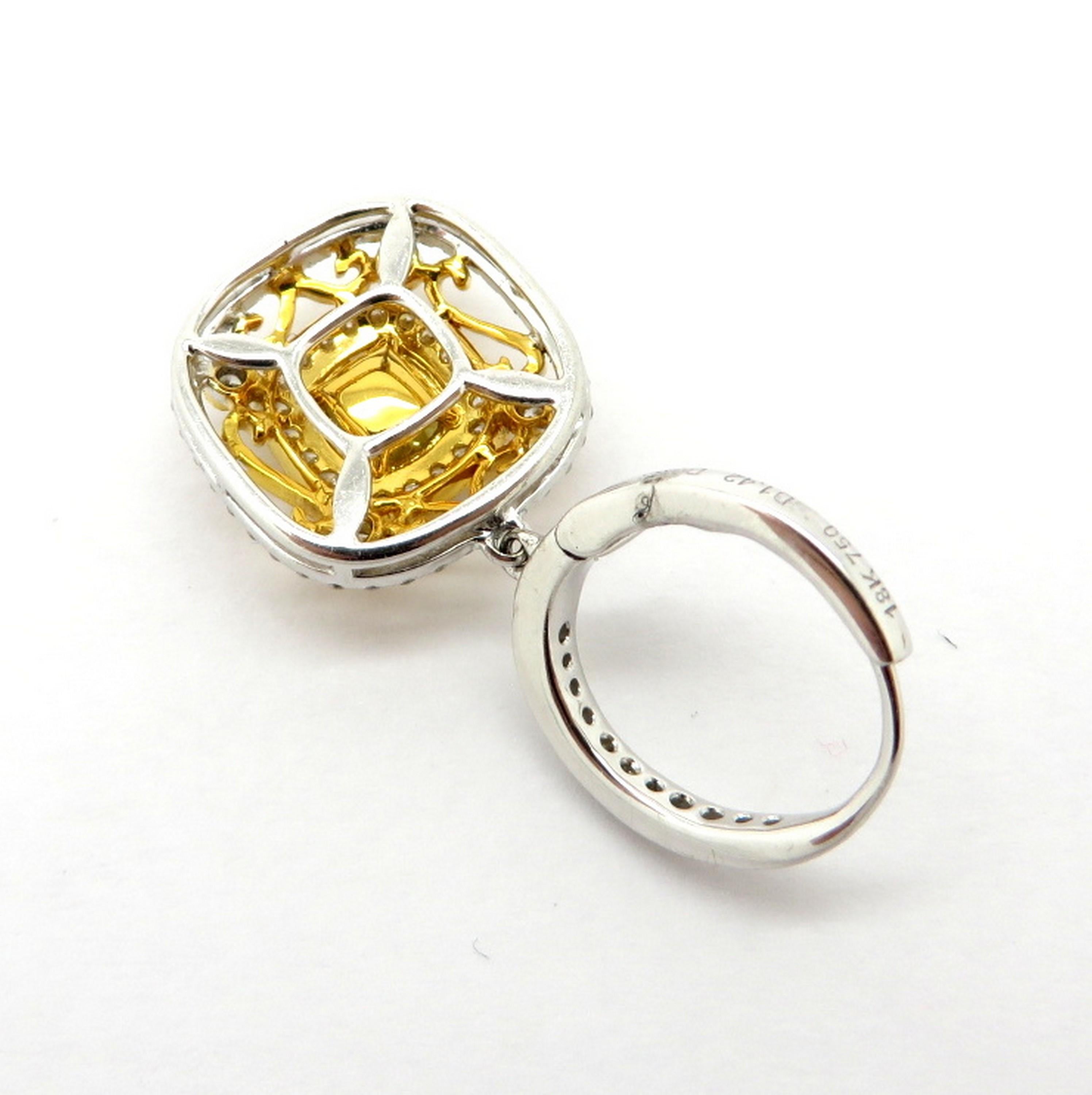 Nachlass 18k Zweifarbige Fancy Gelbe Kissen-Diamant und runde Creolen-Ohrringe im Zustand „Hervorragend“ im Angebot in Scottsdale, AZ