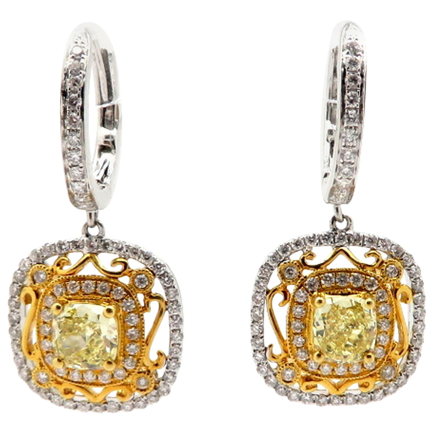 Nachlass 18k Zweifarbige Fancy Gelbe Kissen-Diamant und runde Creolen-Ohrringe