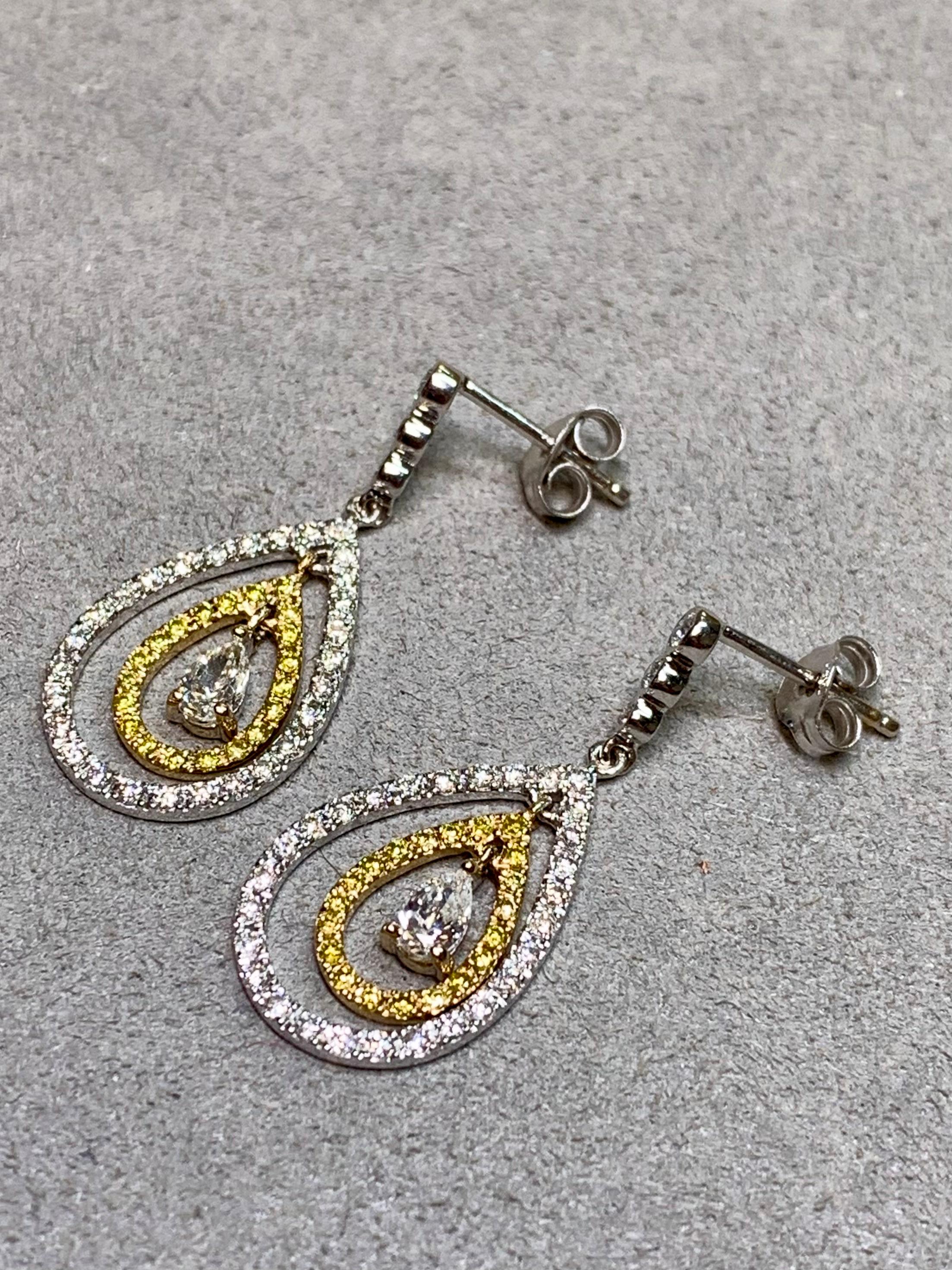 Estate 18K Two Tone Fancy Yellow Diamond Pear Shape Drop Dangle Earrings In Good Condition In Winter Springs, FL