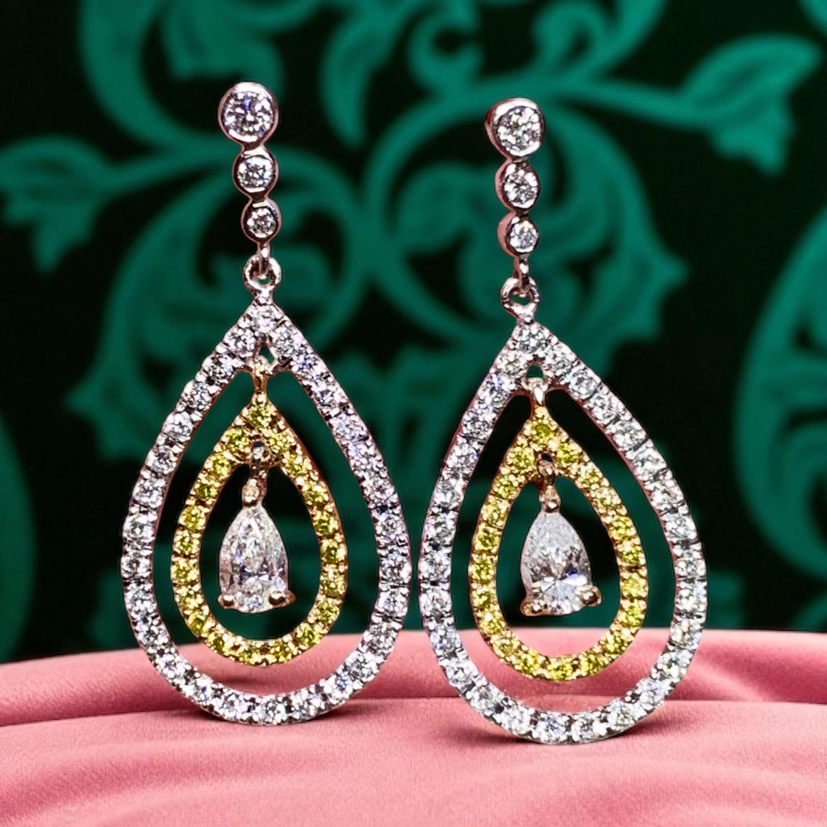 Women's or Men's Estate 18K Two Tone Fancy Yellow Diamond Pear Shape Drop Dangle Earrings