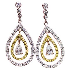 Estate 18K Two Tone Fancy Yellow Diamond Pear Shape Drop Dangle Earrings
