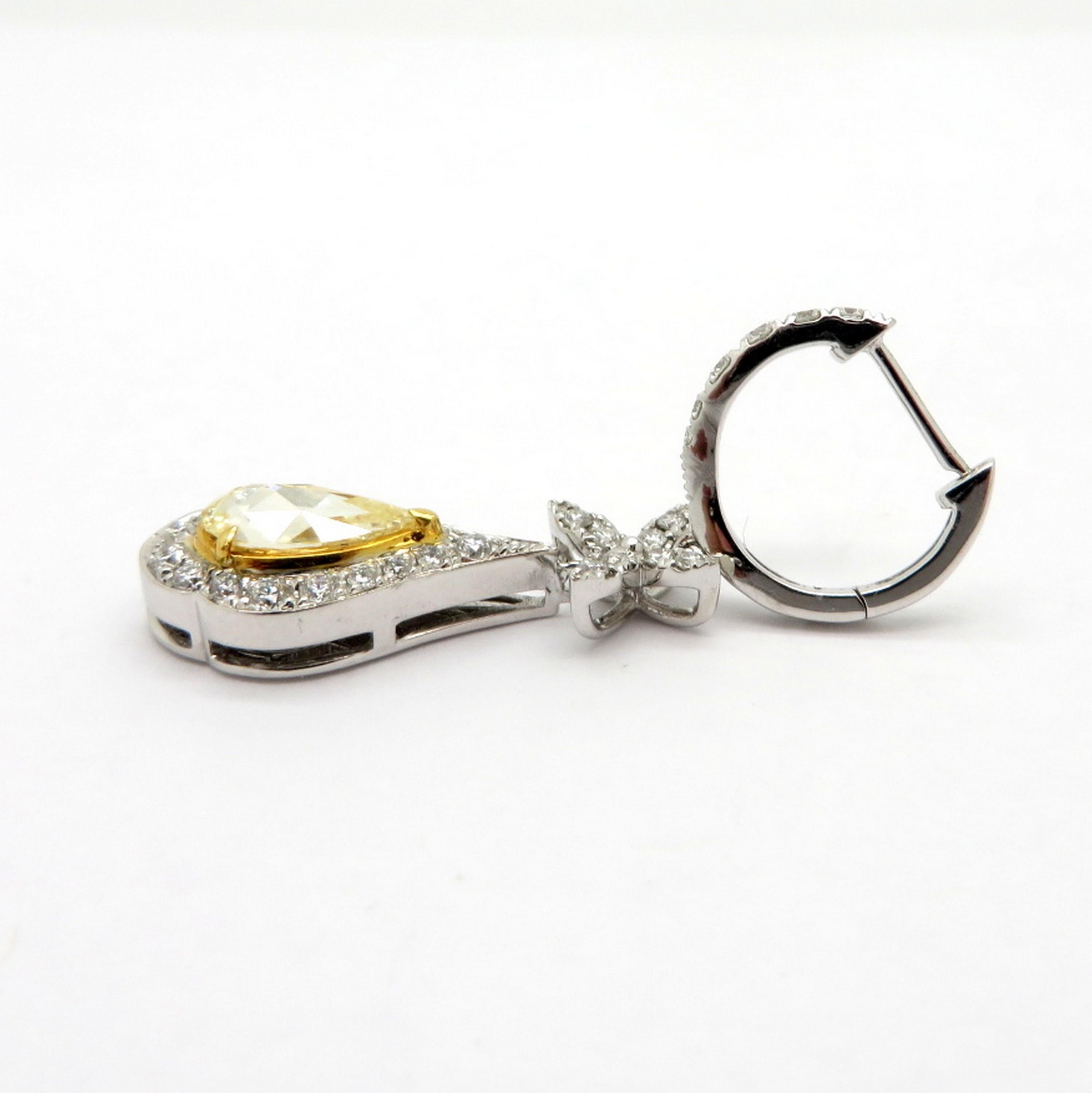 Estate 18K Two-Tone Gold Dangle Hoop Rose Cut Yellow Diamond Fashion Earrings For Sale 1