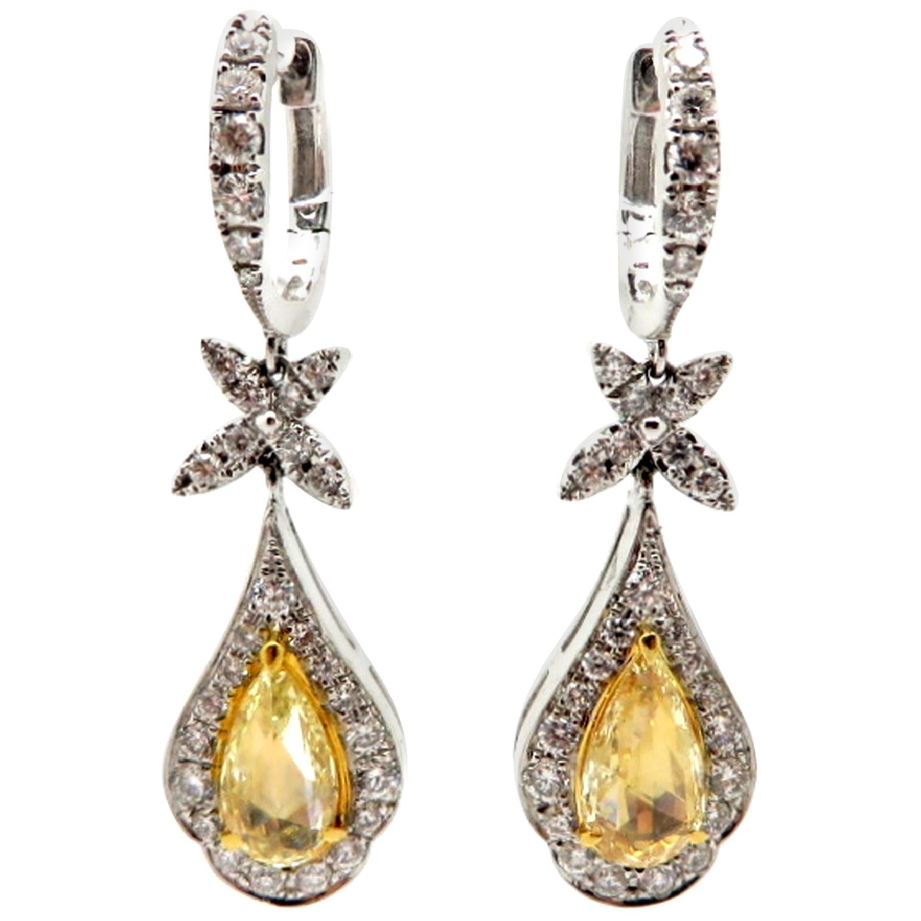 Estate 18K Two-Tone Gold Dangle Hoop Rose Cut Yellow Diamond Fashion Earrings For Sale