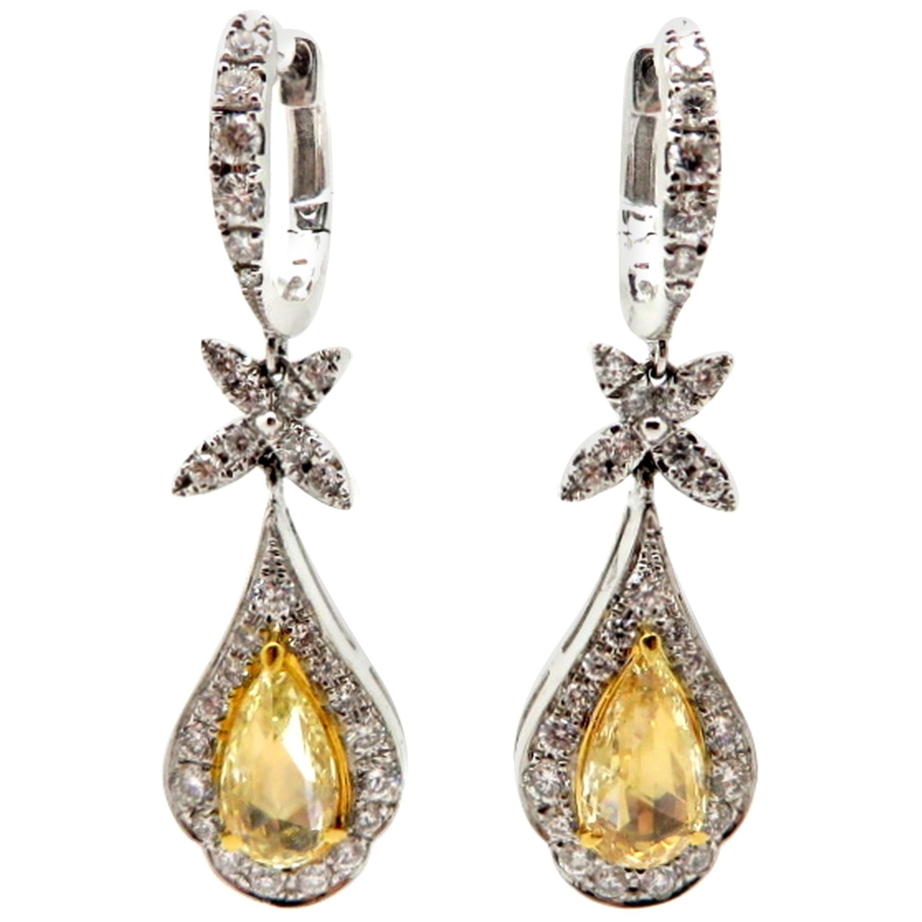 Estate 18K Two-Tone Gold Dangle Hoop Rose Cut Yellow Diamond Fashion Earrings