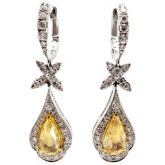Estate 18K Two-Tone Gold Dangle Hoop Rose Cut Yellow Diamond Fashion Earrings