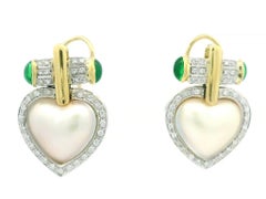 Estate 18k Two tone Gold Heart Shaped Mabe Pearls Green Stone & Diamond Earrings