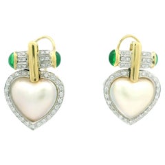 Estate 18k Two tone Gold Heart Shaped Mabe Pearls Green Stone & Diamond Earrings