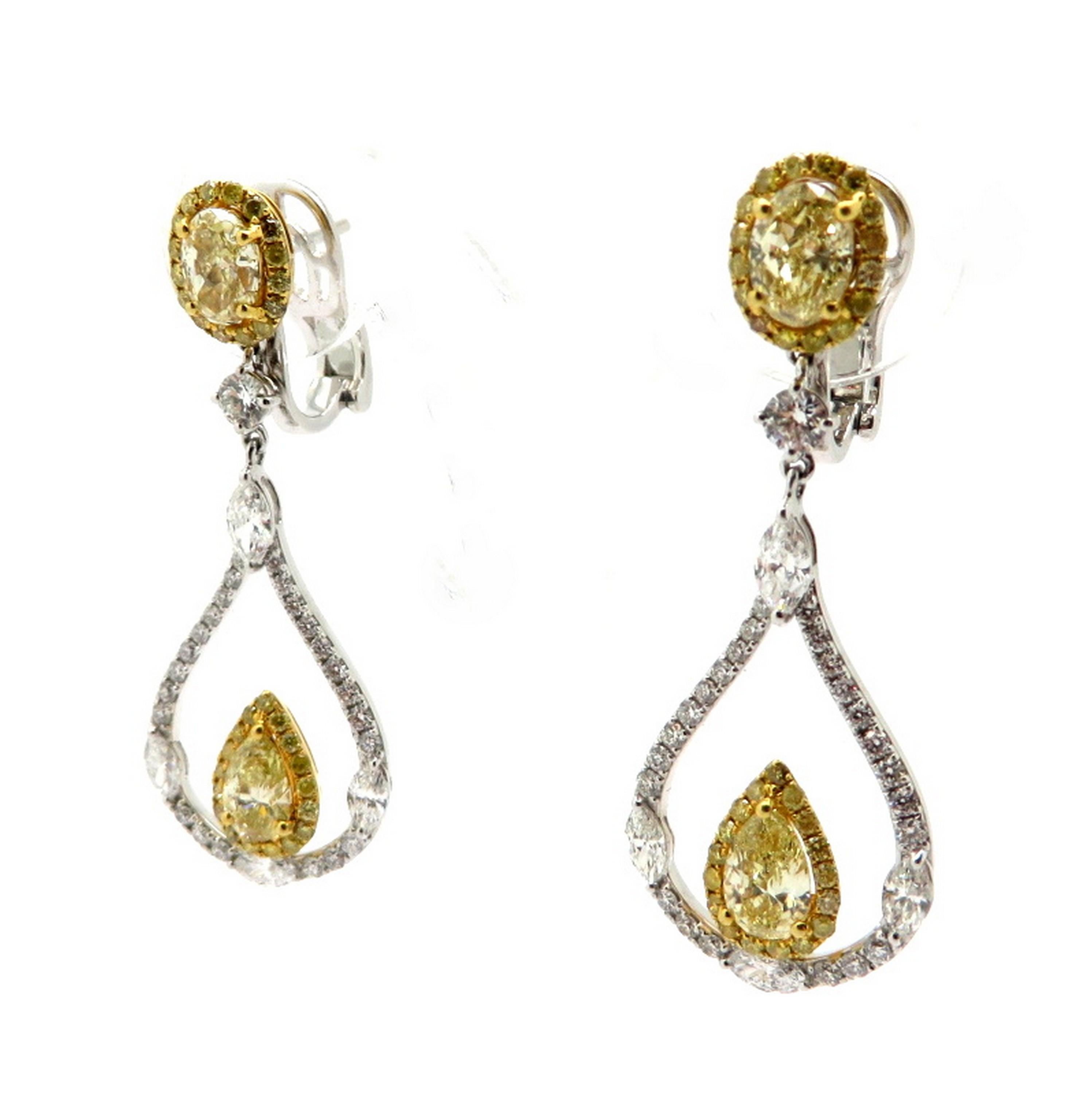 Oval Cut Estate 18K Two-Tone Gold Yellow & White Diamond Tear Drop Dangle Earrings For Sale