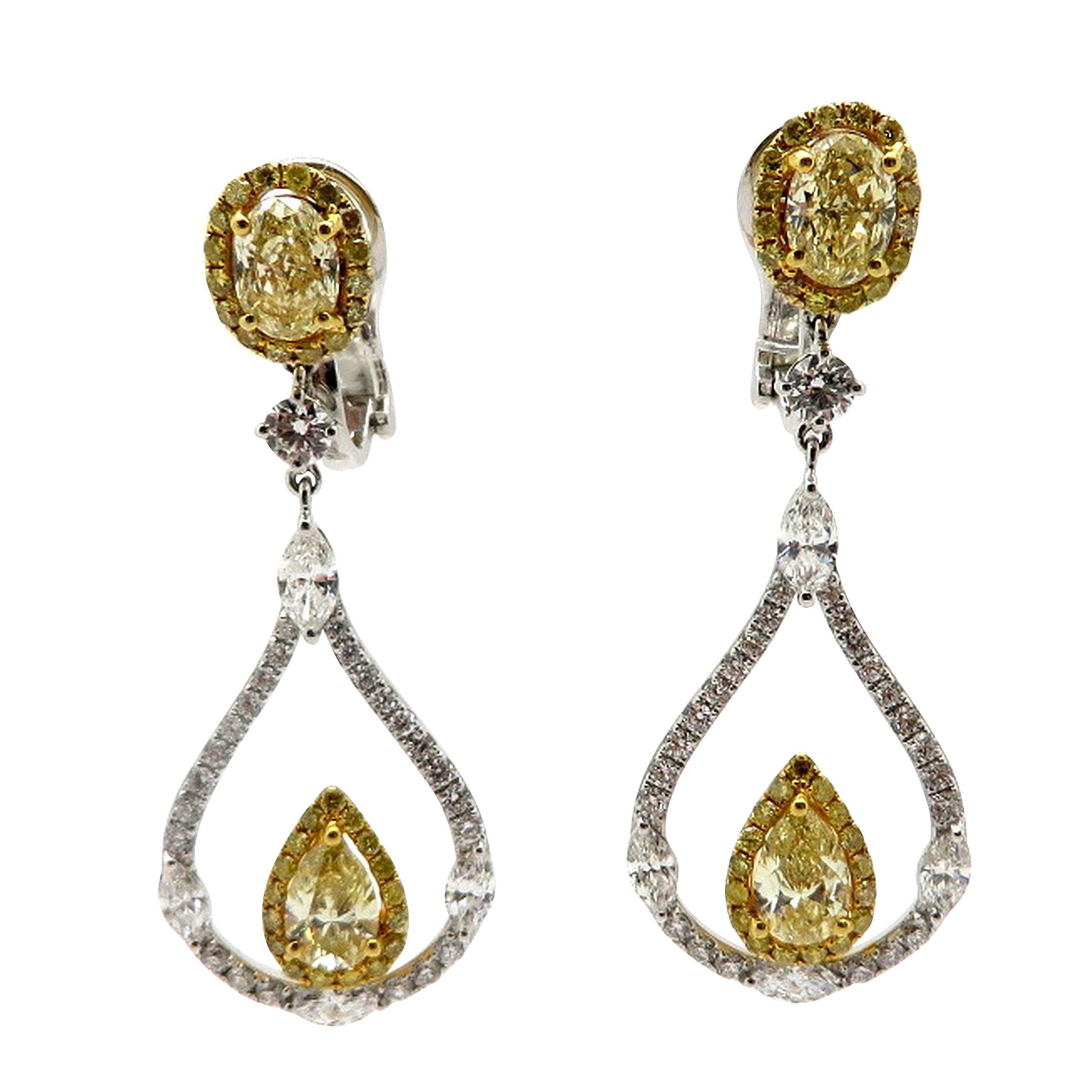 Estate 18K Two-Tone Gold Yellow & White Diamond Tear Drop Dangle Earrings For Sale