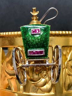 Estate 18K Two Tone Green Enamel Ruby Carriage Stagecoach Brooch