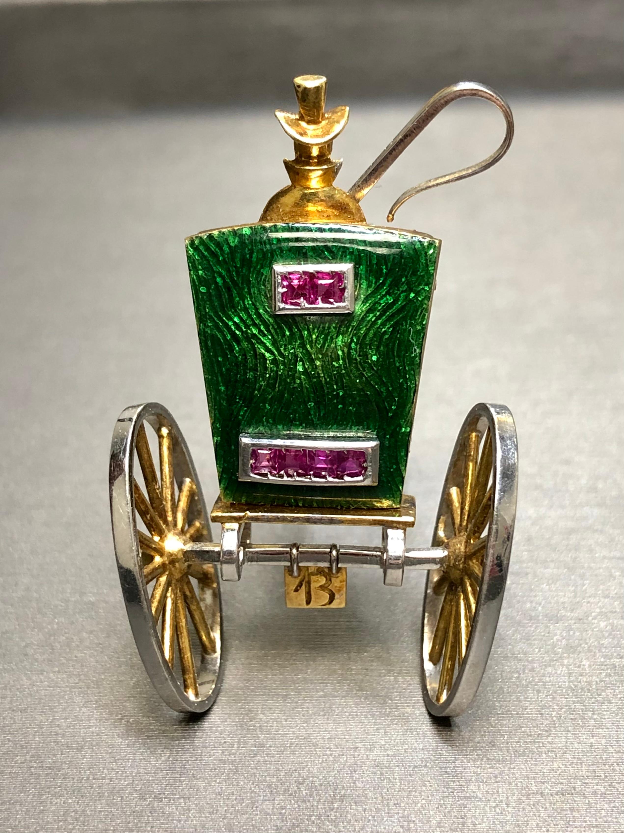 Estate 18K Two Tone Green Enamel Ruby Carriage Stagecoach Brooch In Good Condition For Sale In Winter Springs, FL