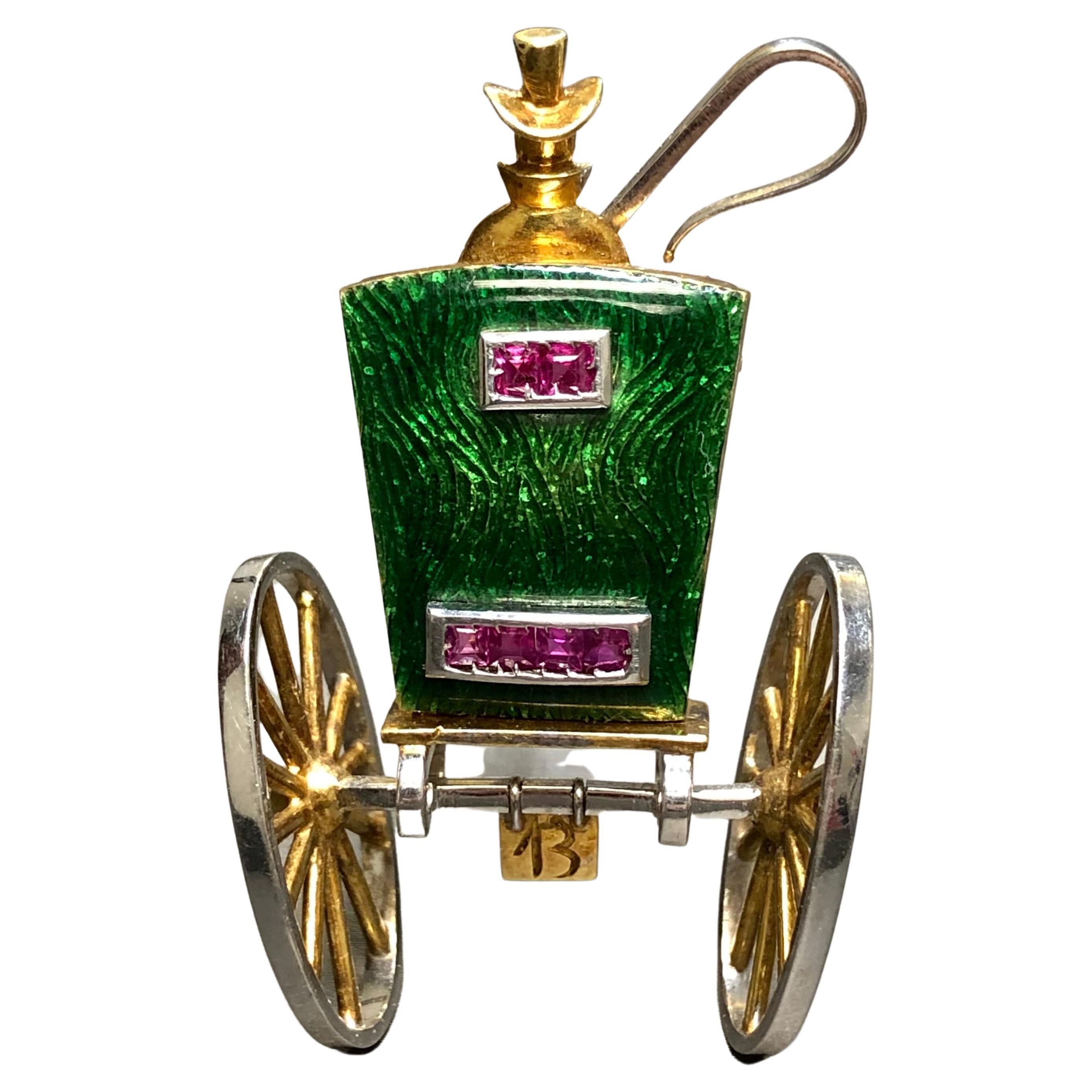 Estate 18K Two Tone Green Enamel Ruby Carriage Stagecoach Brooch For Sale