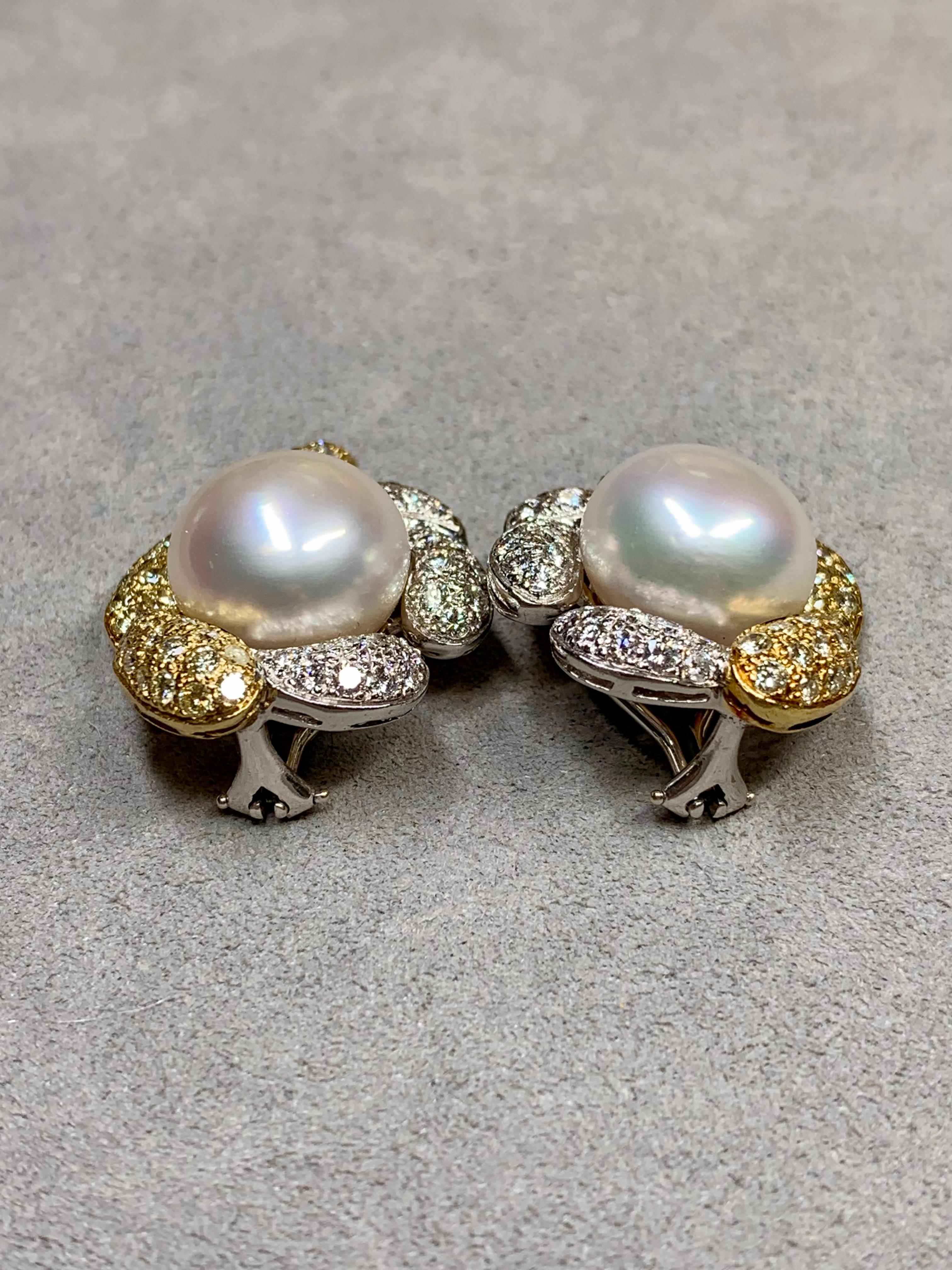 Contemporary Estate 18K Two Tone Pavé Diamond South Sea Pearl Huggie Clip-On Earrings 4.25ctw For Sale