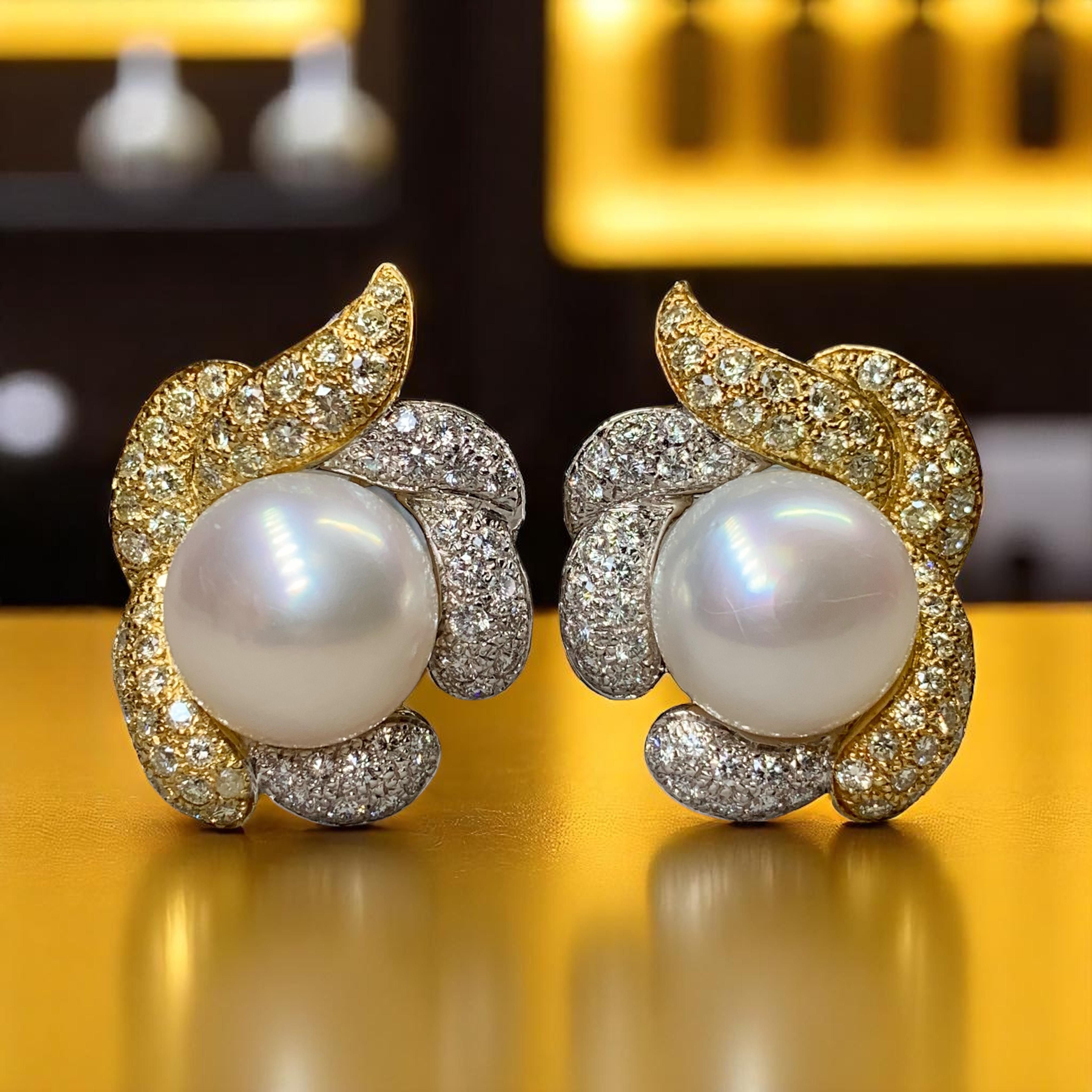 Women's or Men's Estate 18K Two Tone Pavé Diamond South Sea Pearl Huggie Clip-On Earrings 4.25ctw For Sale