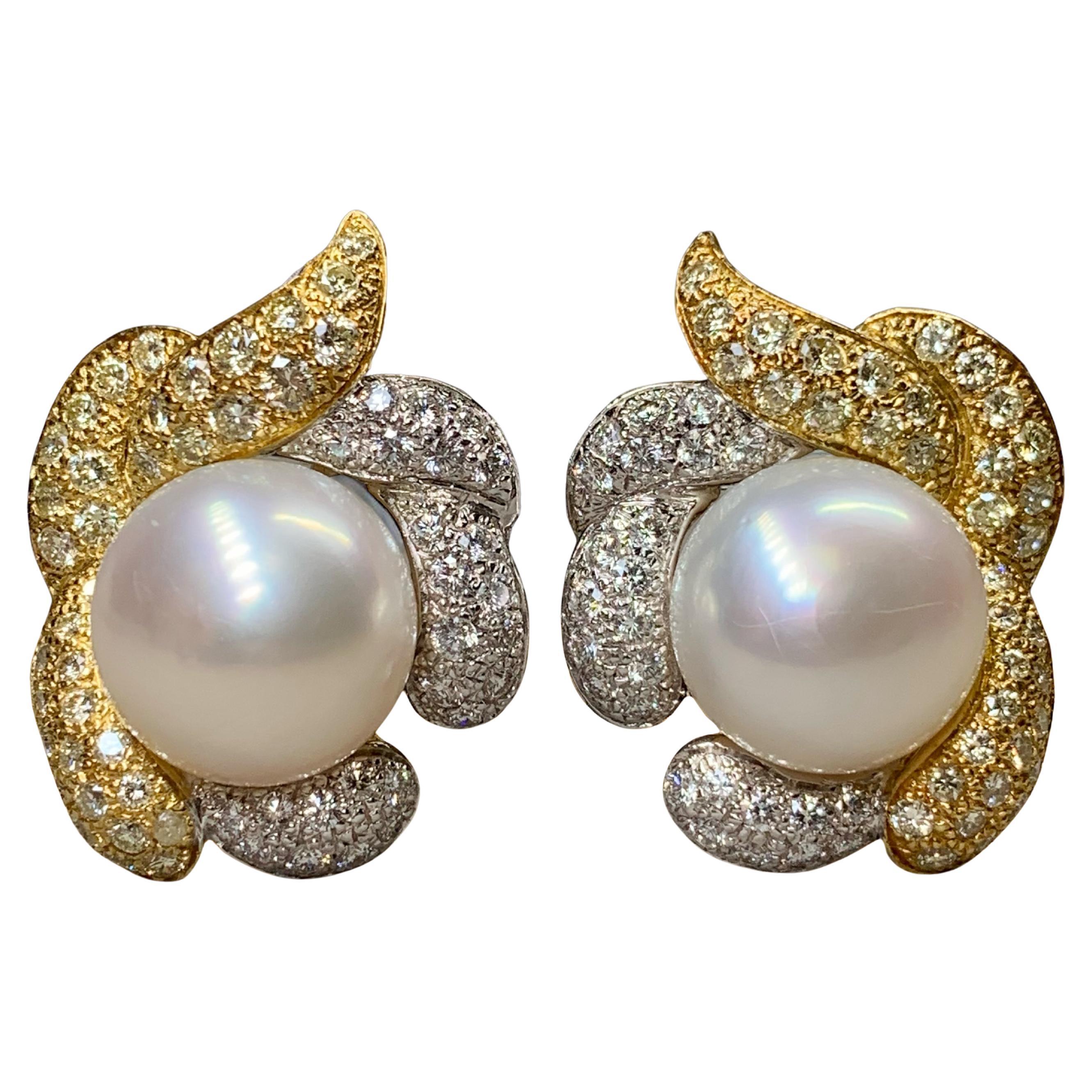 Estate 18K Two Tone Pavé Diamond South Sea Pearl Huggie Clip-On Earrings 4.25ctw
