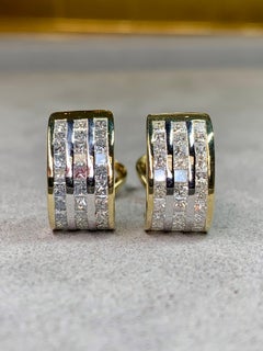 Estate 18K Two Tone Princess Cut Diamond Huggie Earrings G Vs 4..32ctw