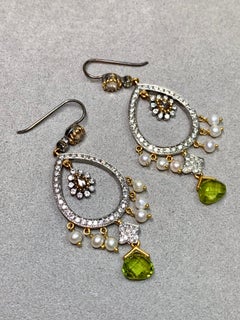 Estate 18k Two Tone Rose Cut Brown White Diamond Peridot Pearl Drop Earrings
