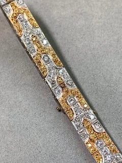 Estate 18K Two Tone White Fancy Yellow Diamond Wide Flat Line Bracelet 10ctw