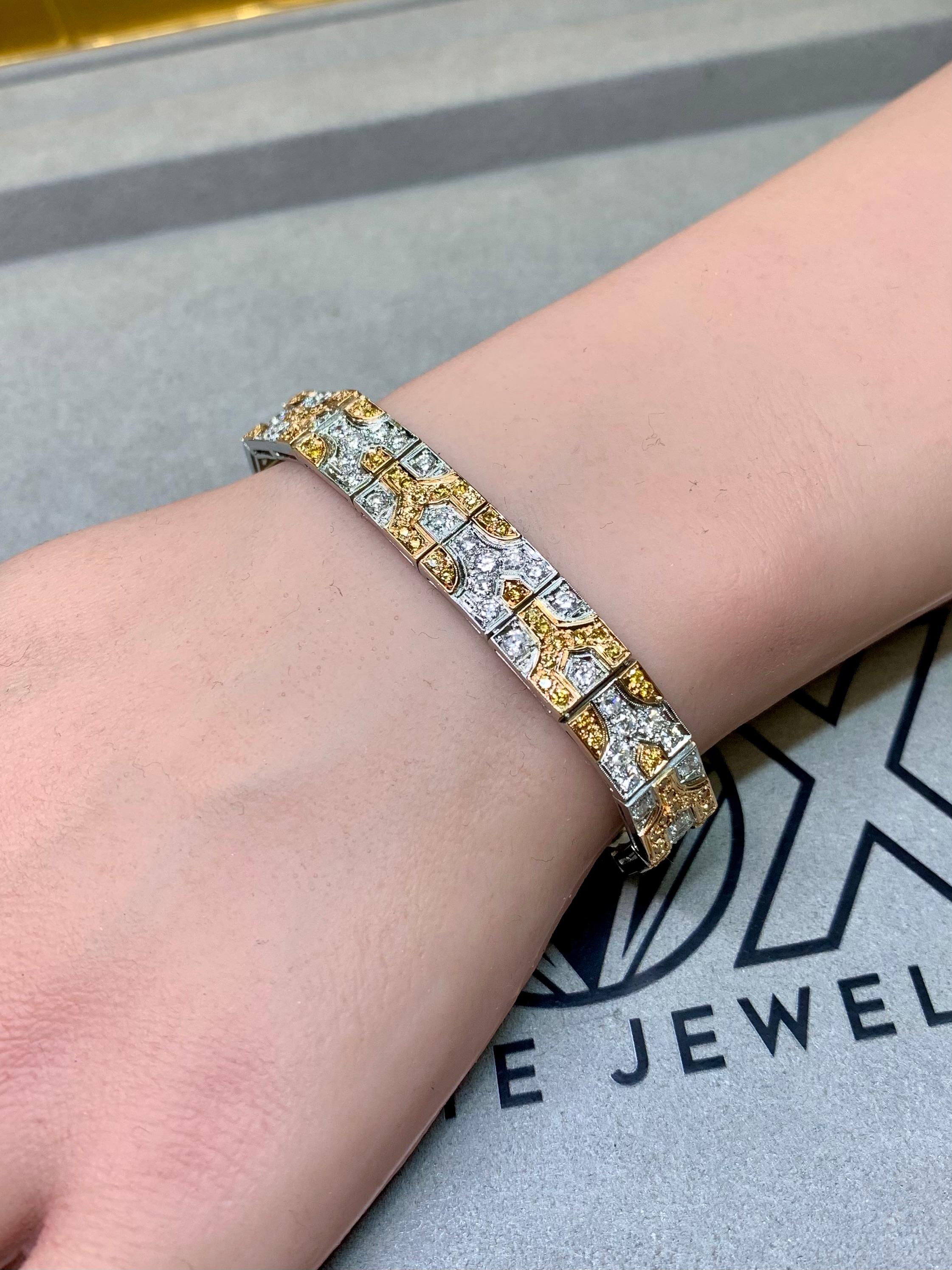 Estate 18K zwei Ton weiß Fancy gelb Diamant breite flache Linie Armband 10ctw im Angebot 3