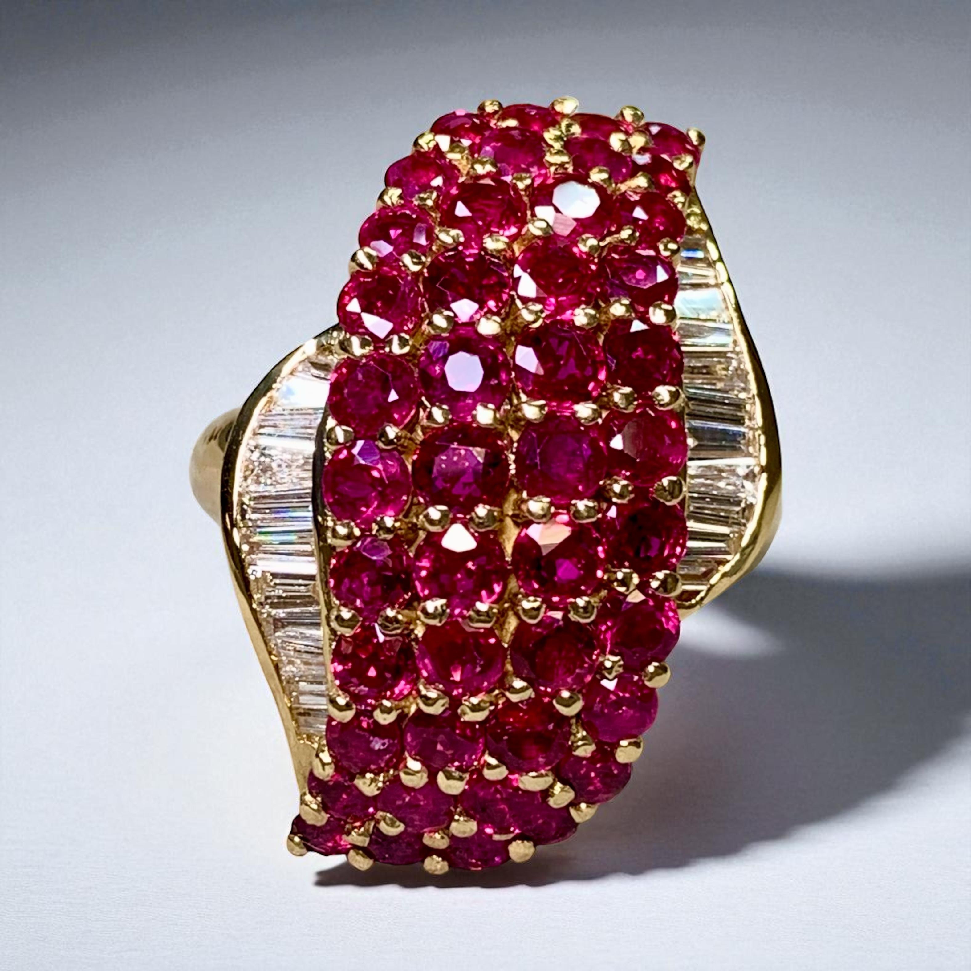 Estate 18K Vivid Ruby Baguette Diamond Freeform Elongated Cocktail Ring 5.37ctw For Sale 4