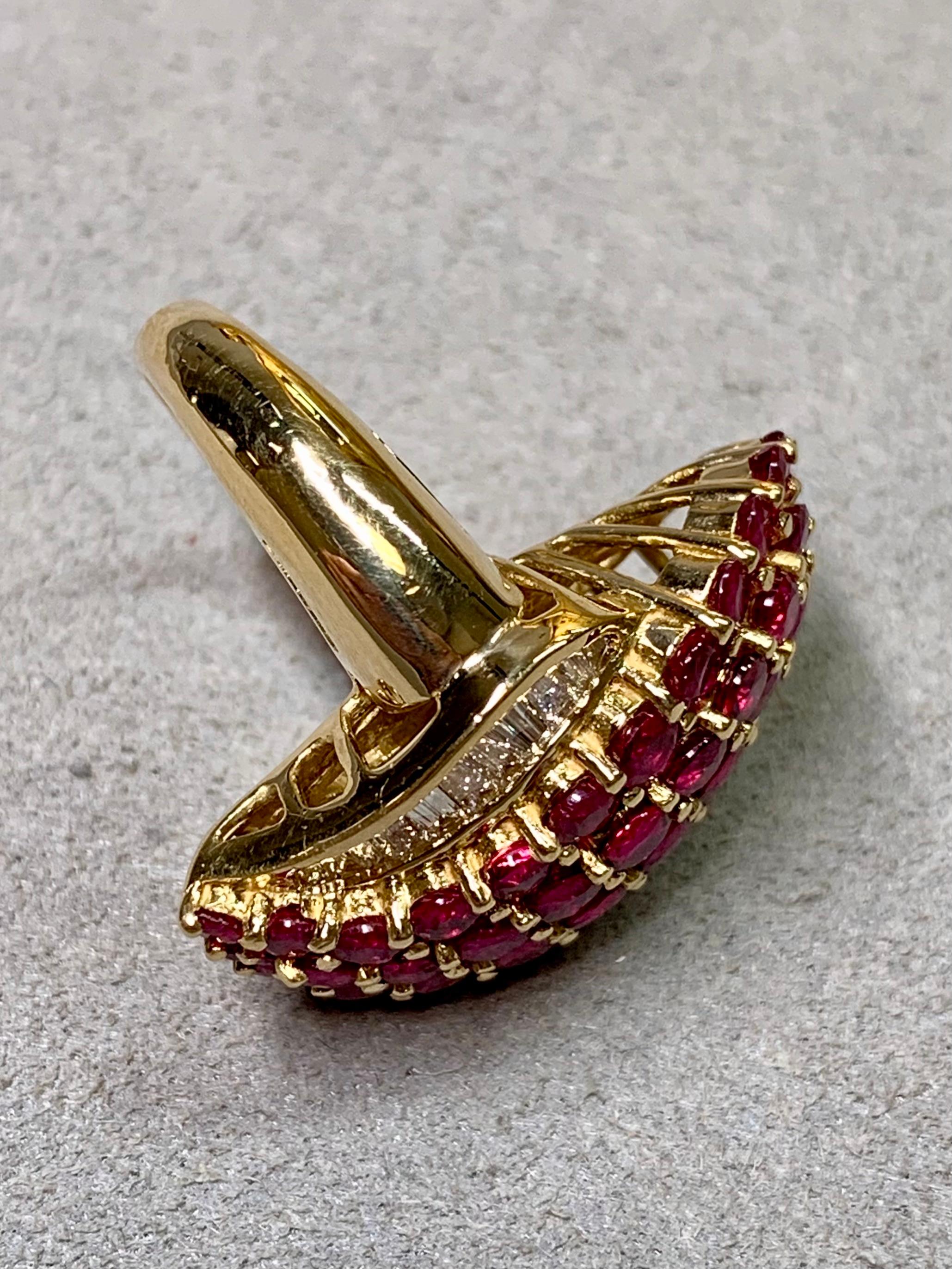 Contemporary Estate 18K Vivid Ruby Baguette Diamond Freeform Elongated Cocktail Ring 5.37ctw For Sale