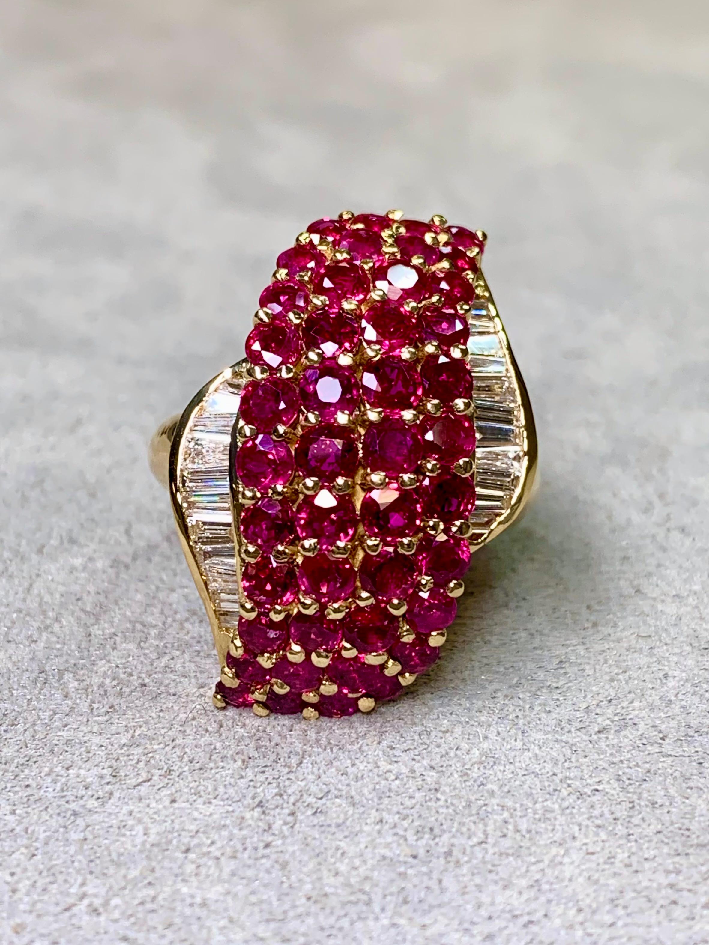 Round Cut Estate 18K Vivid Ruby Baguette Diamond Freeform Elongated Cocktail Ring 5.37ctw For Sale