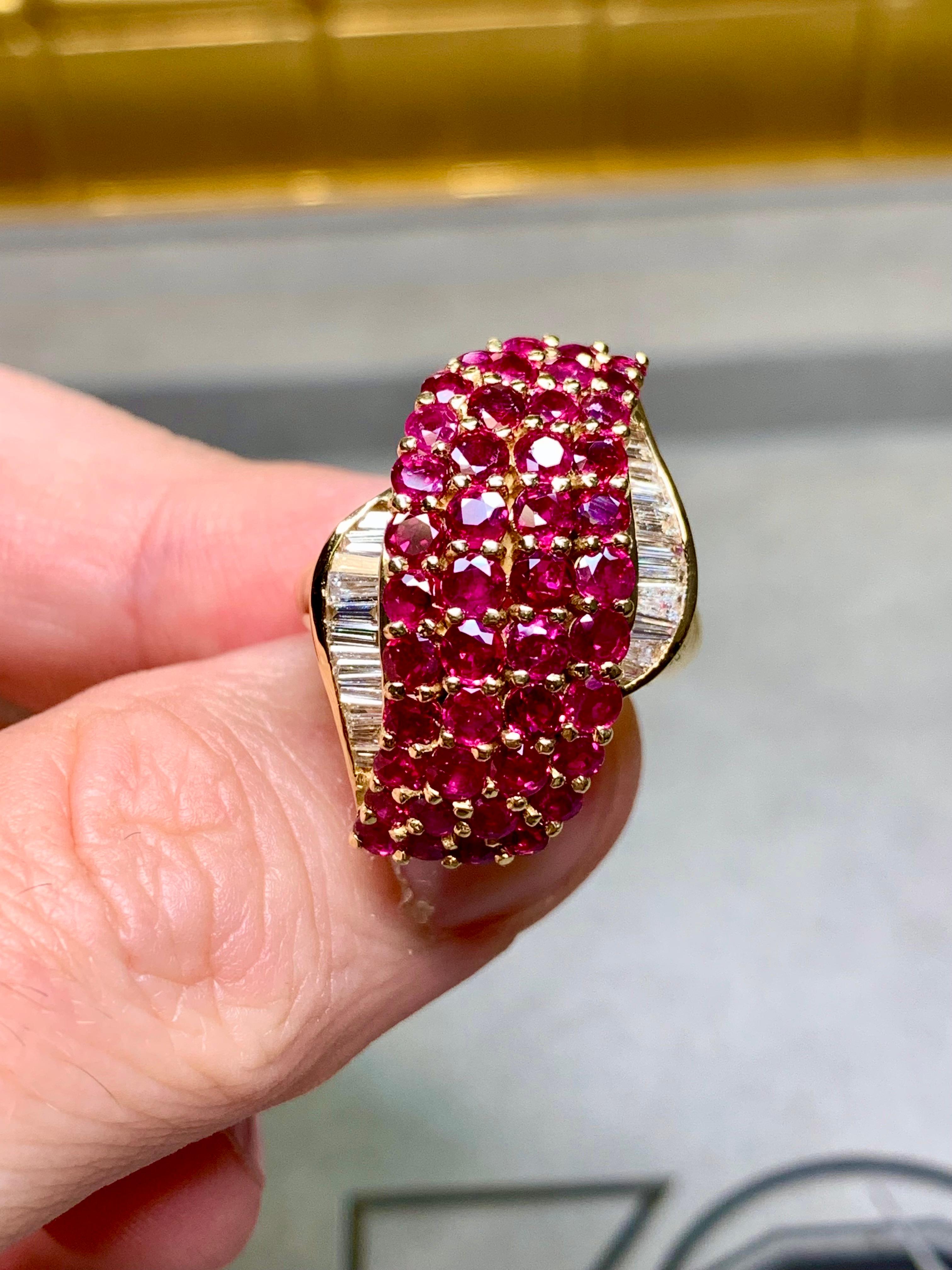 Estate 18K Vivid Ruby Baguette Diamond Freeform Elongated Cocktail Ring 5.37ctw In Good Condition For Sale In Winter Springs, FL