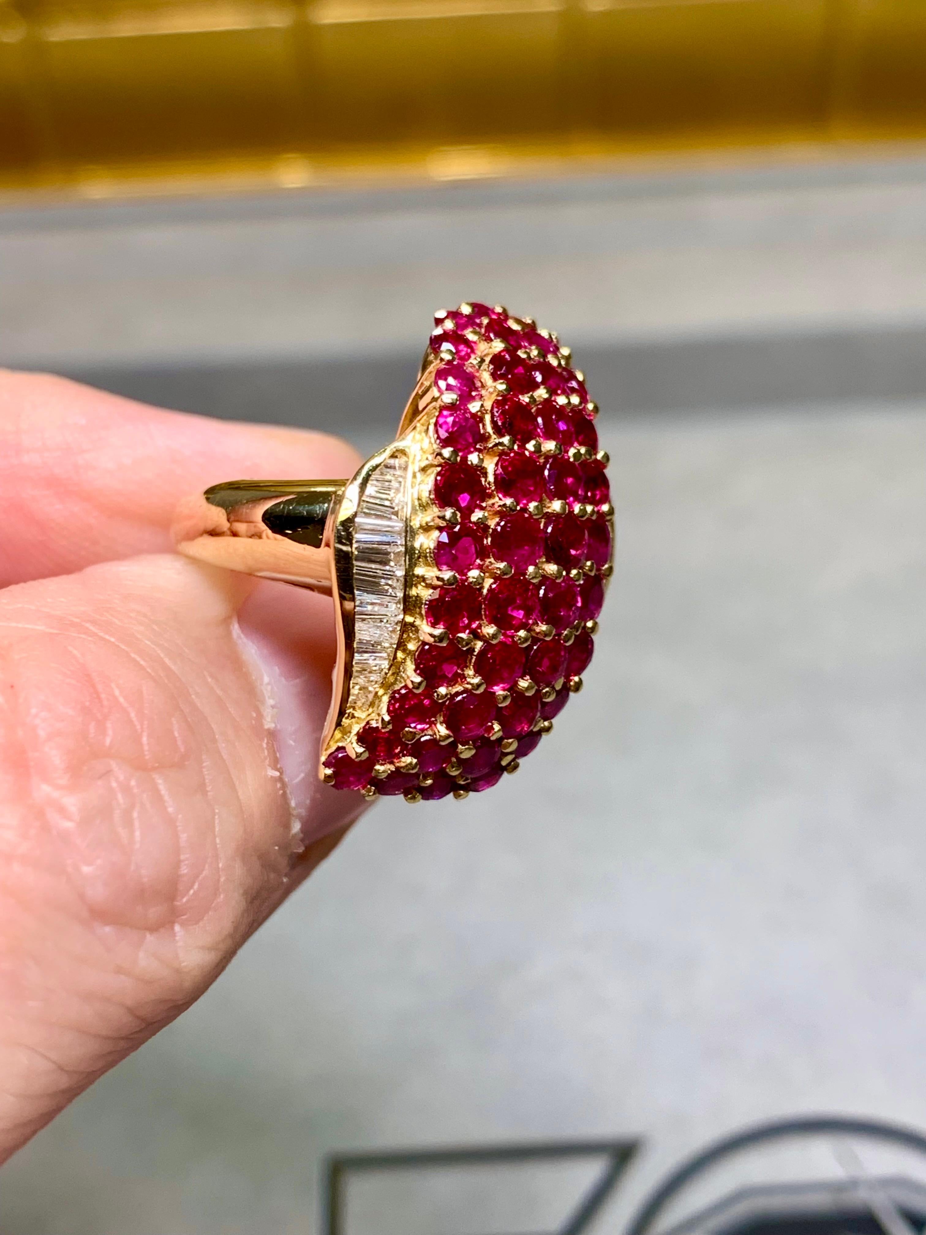 Women's or Men's Estate 18K Vivid Ruby Baguette Diamond Freeform Elongated Cocktail Ring 5.37ctw For Sale