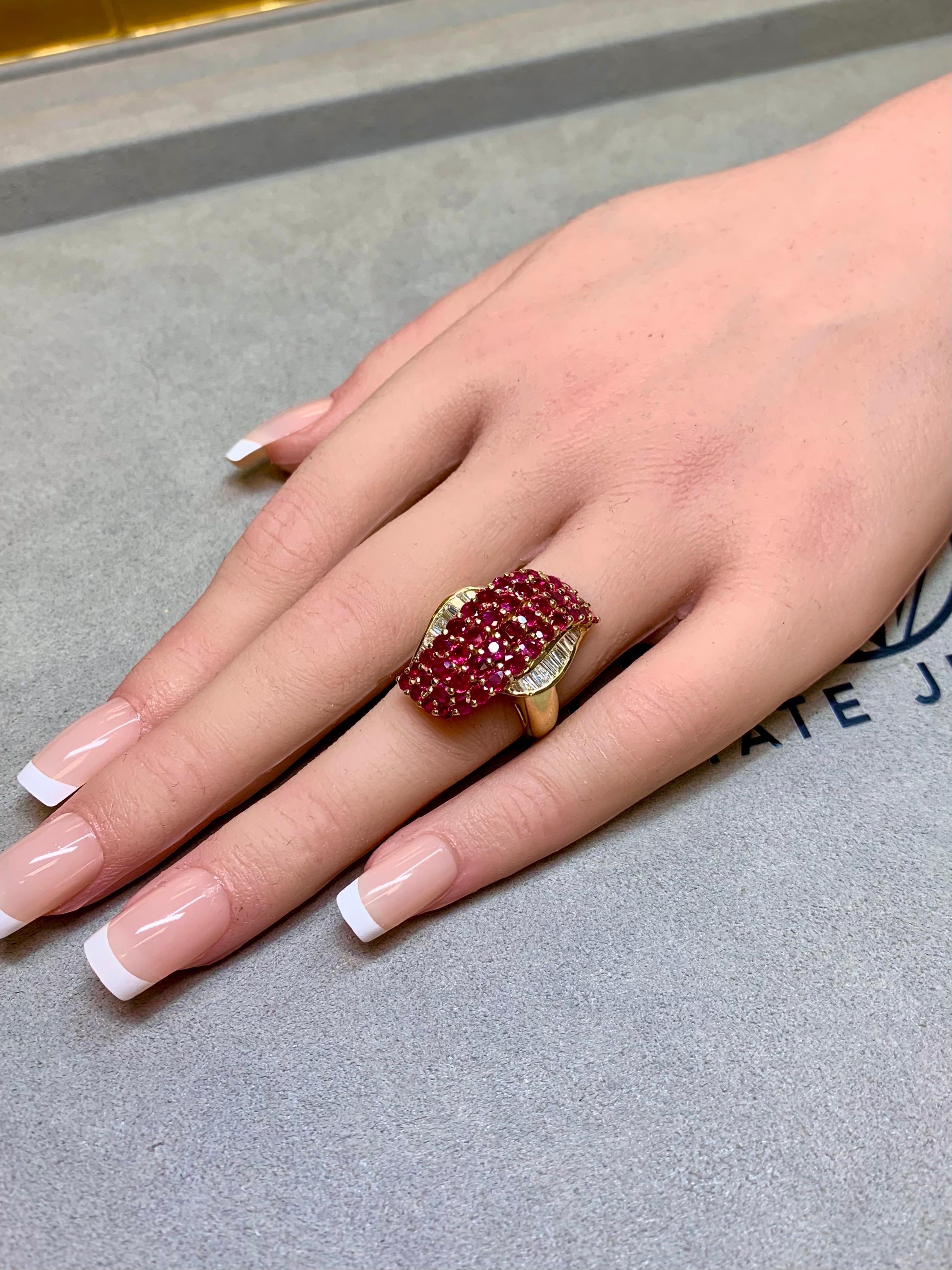 Estate 18K Vivid Ruby Baguette Diamond Freeform Elongated Cocktail Ring 5.37ctw For Sale 1