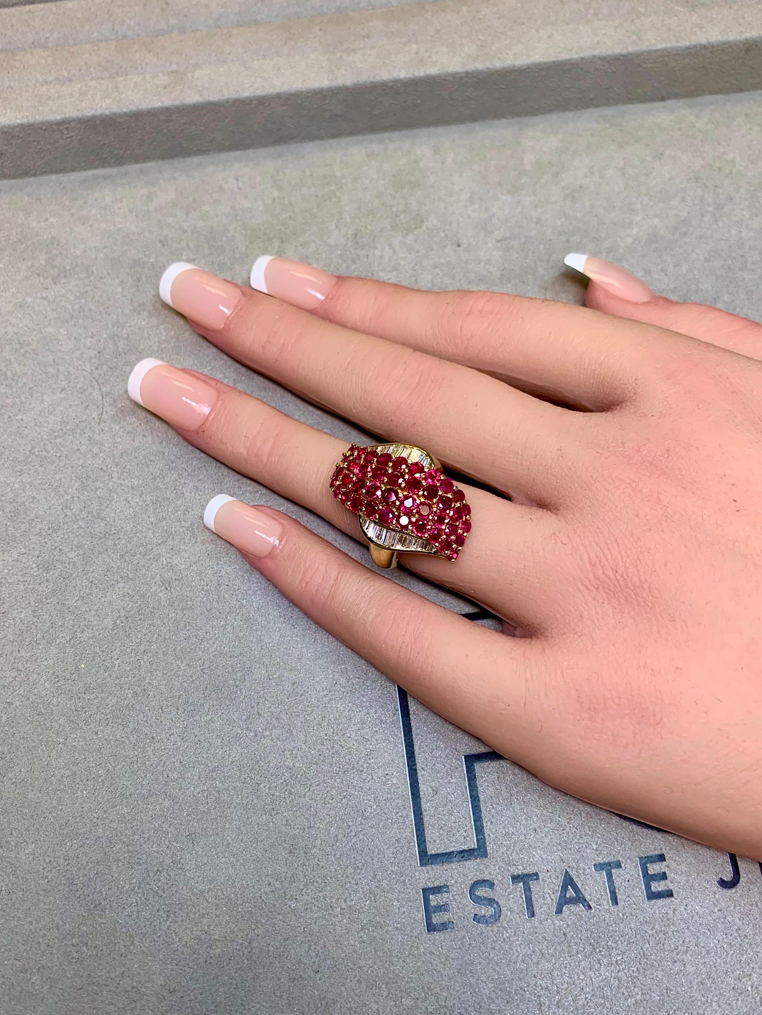 Estate 18K Vivid Ruby Baguette Diamond Freeform Elongated Cocktail Ring 5.37ctw For Sale 2