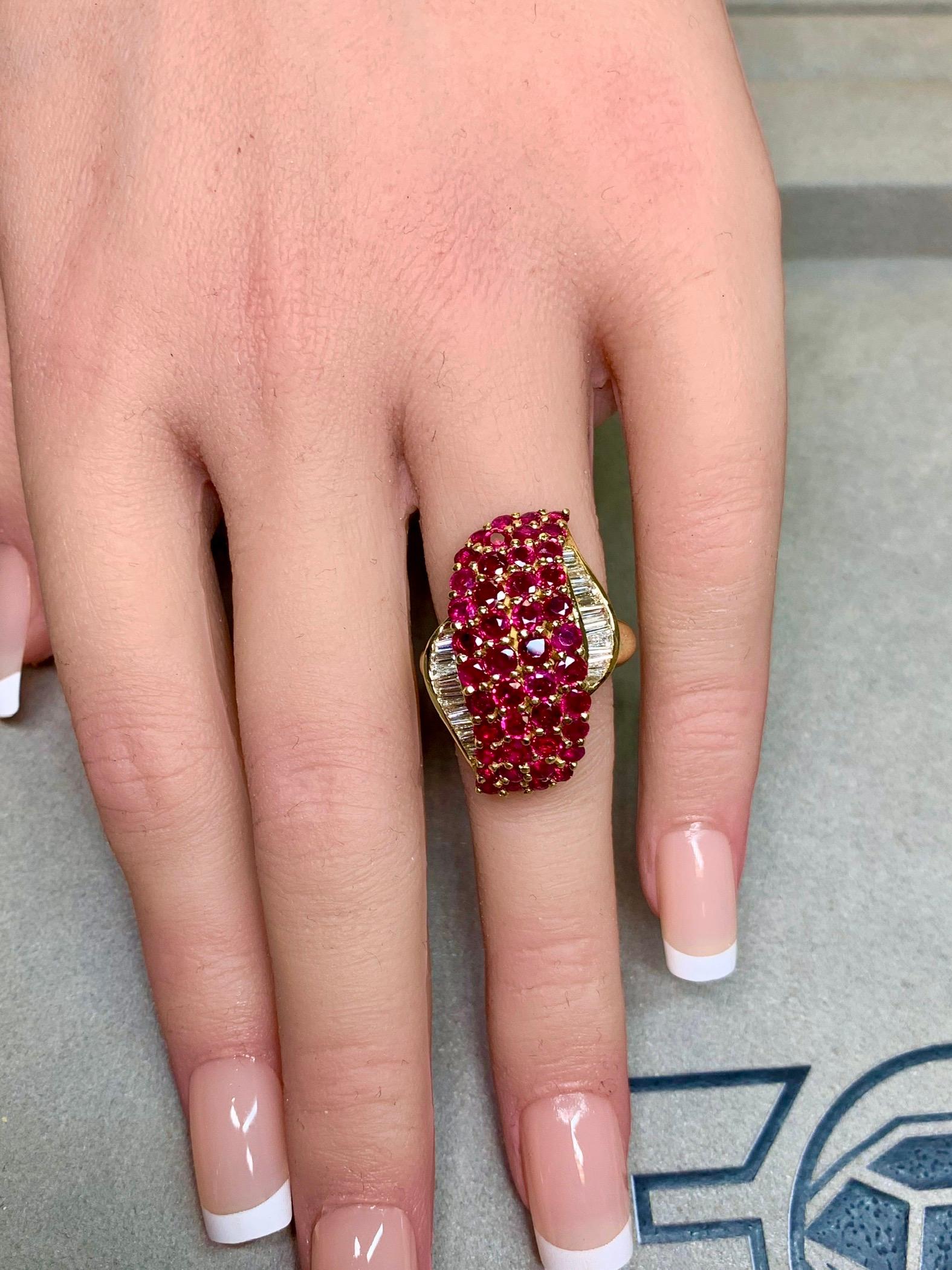 Estate 18K Vivid Ruby Baguette Diamond Freeform Elongated Cocktail Ring 5.37ctw For Sale 3