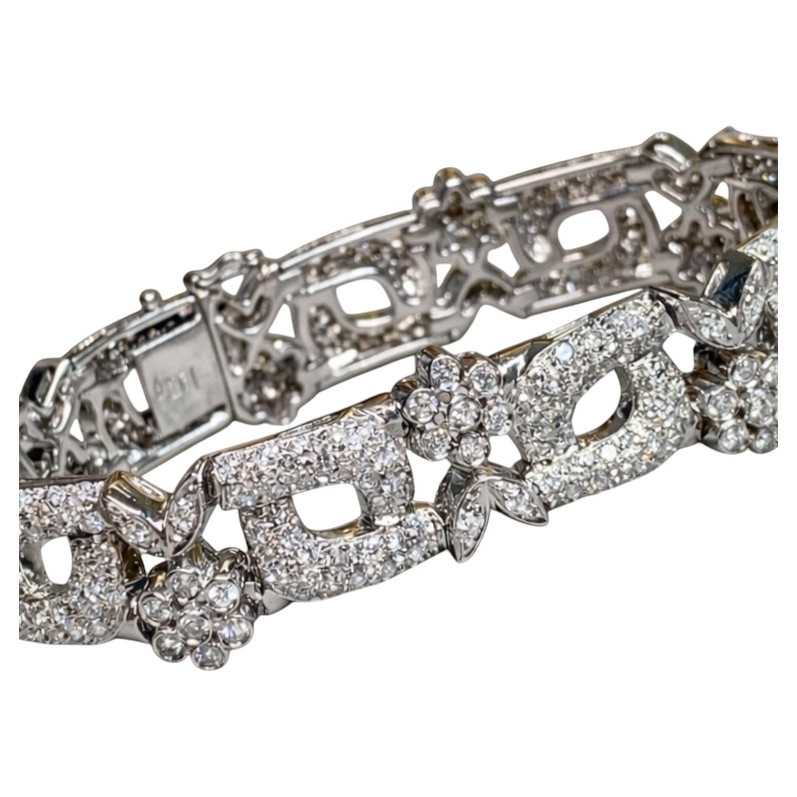Estate 18K While Gold Zydo Italian Floral Motif Pavé Diamond Bracelet 9ctw For Sale