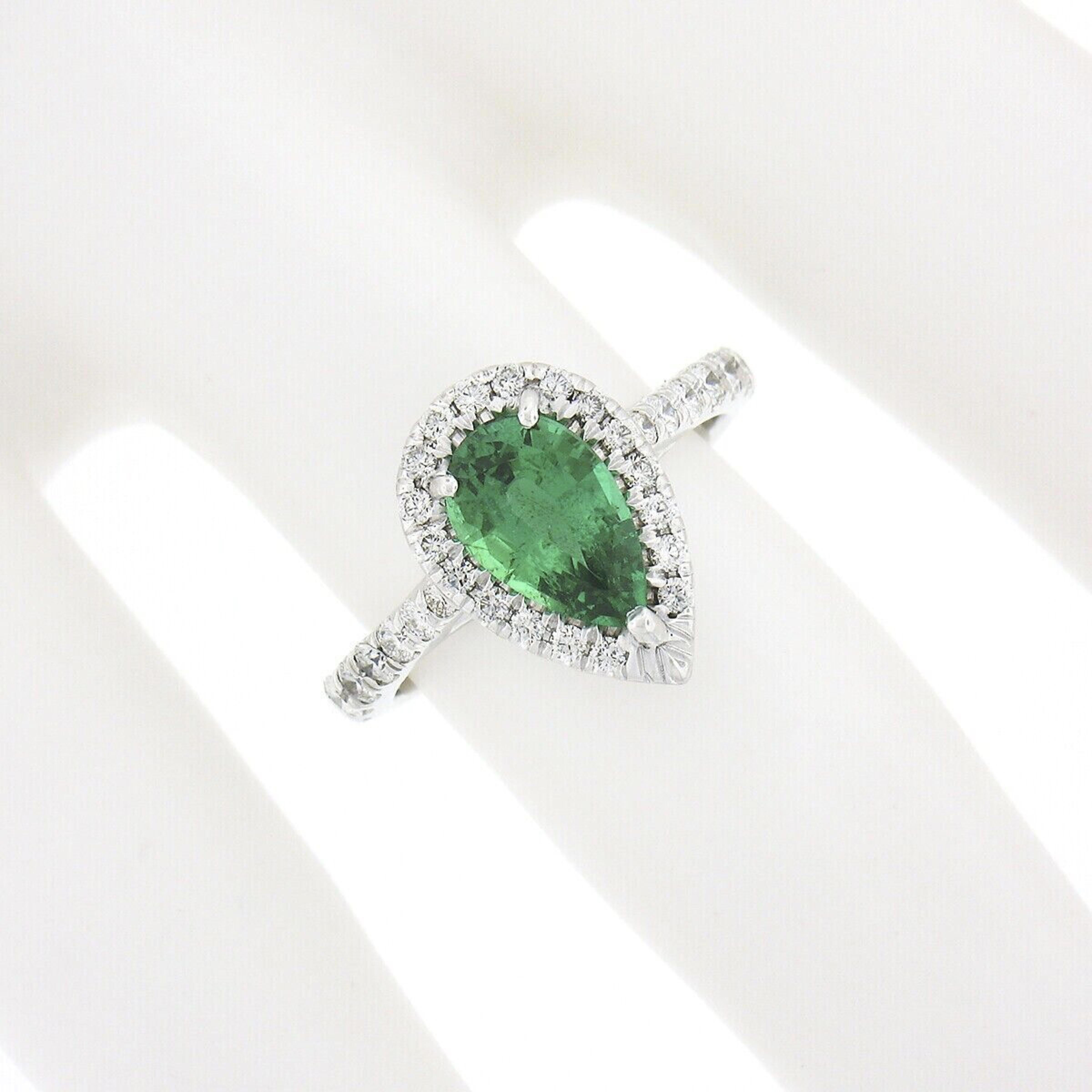 Pear Cut Estate 18K White Gold 1.58ctw SSEF Pear Emerald & Diamond Halo Engagement Ring