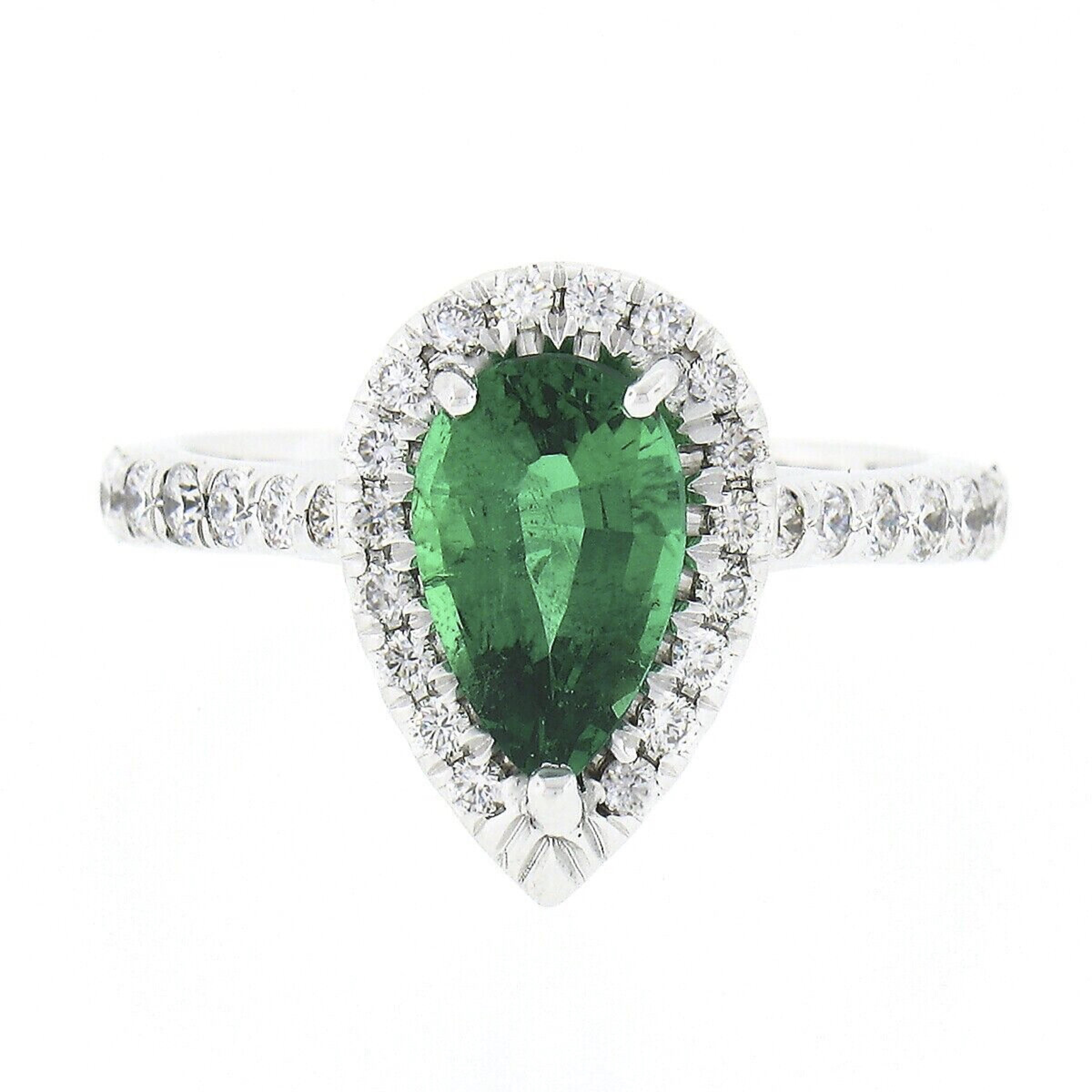 Estate 18K White Gold 1.58ctw SSEF Pear Emerald & Diamond Halo Engagement Ring In Good Condition In Montclair, NJ