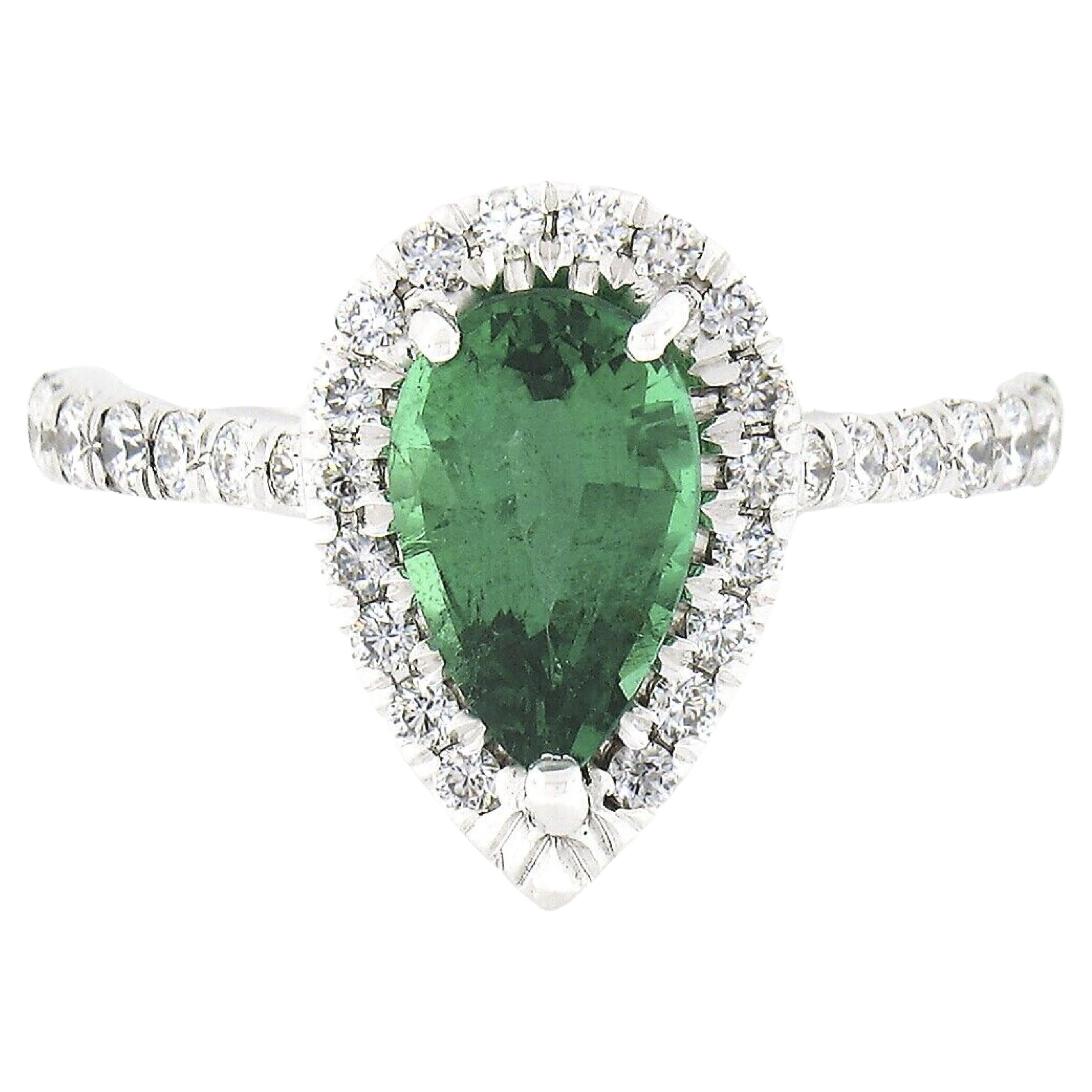 Estate 18K White Gold 1.58ctw SSEF Pear Emerald & Diamond Halo Engagement Ring