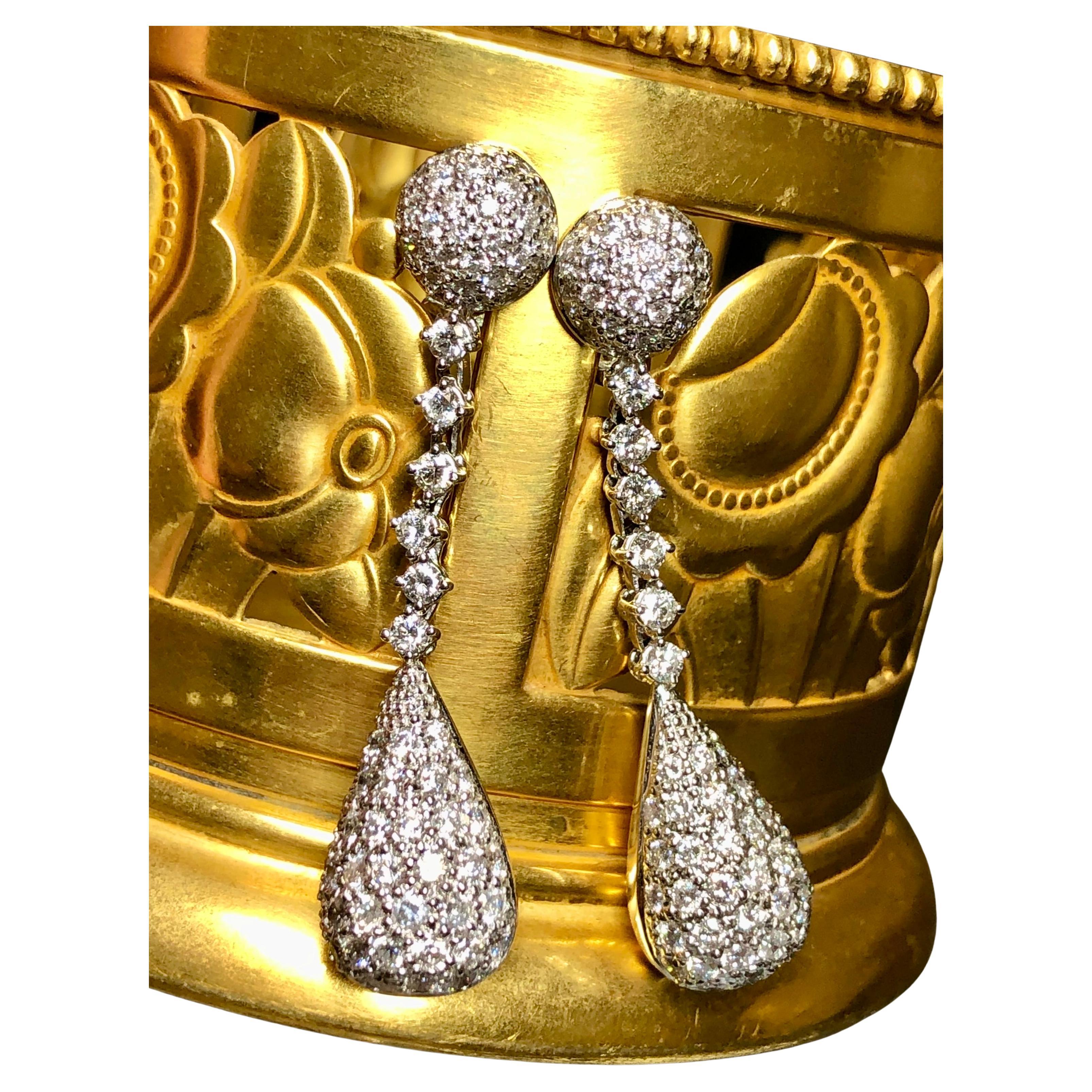 Estate 18K White Gold 3.50cttw Pavé Diamond Teardrop Omega Back Drop Earrings