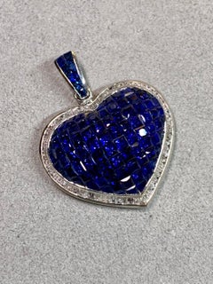 Estate 18K White Gold 8ct Sapphire & 2.5ct Baguette Diamond Large Heart Pendant
