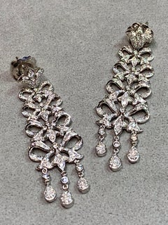 Estate 18K White Gold Articulating Diamond Bow Long Drop Dangle Earrings