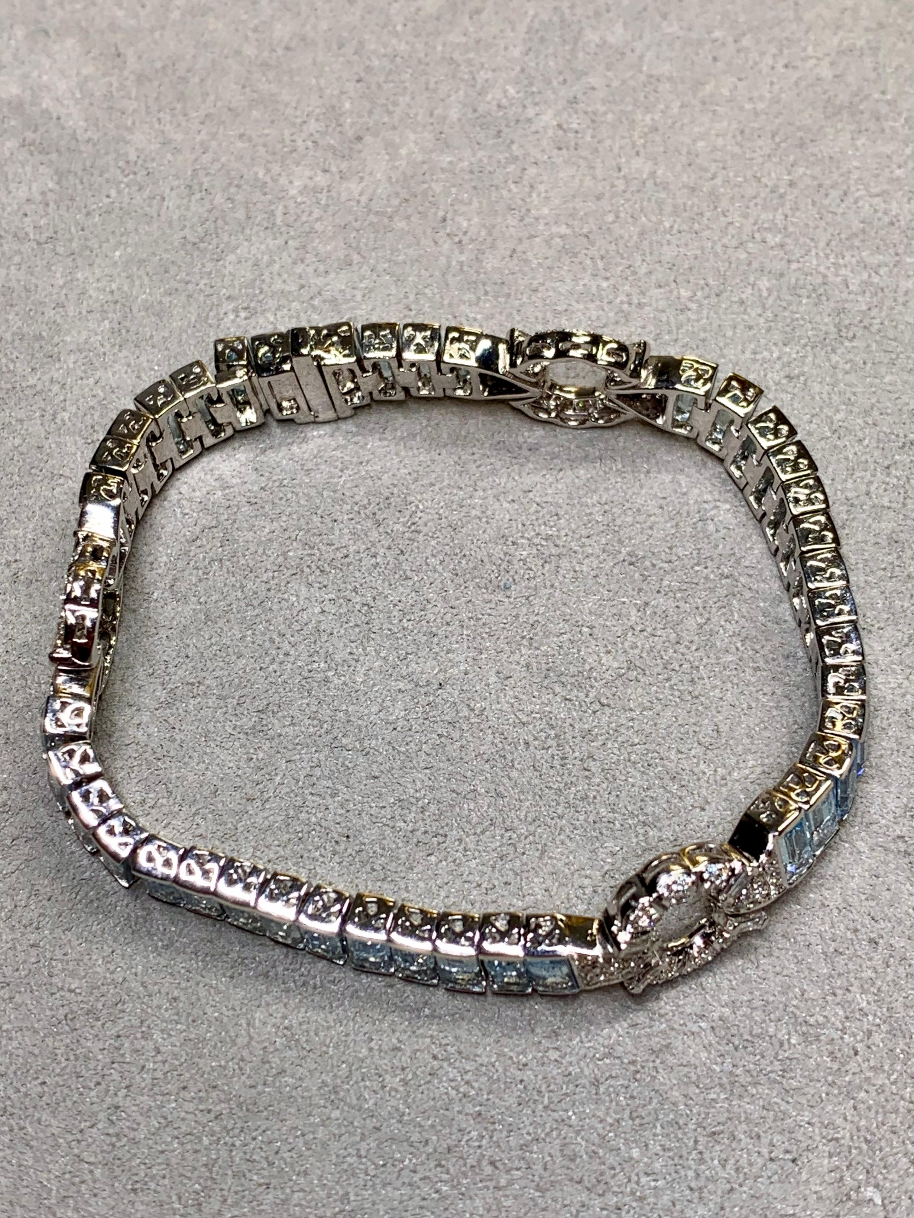 Art Deco Estate 18K White Gold Baguette Aquamarine Diamond Line Bracelet 21.80ctw 6.75” For Sale