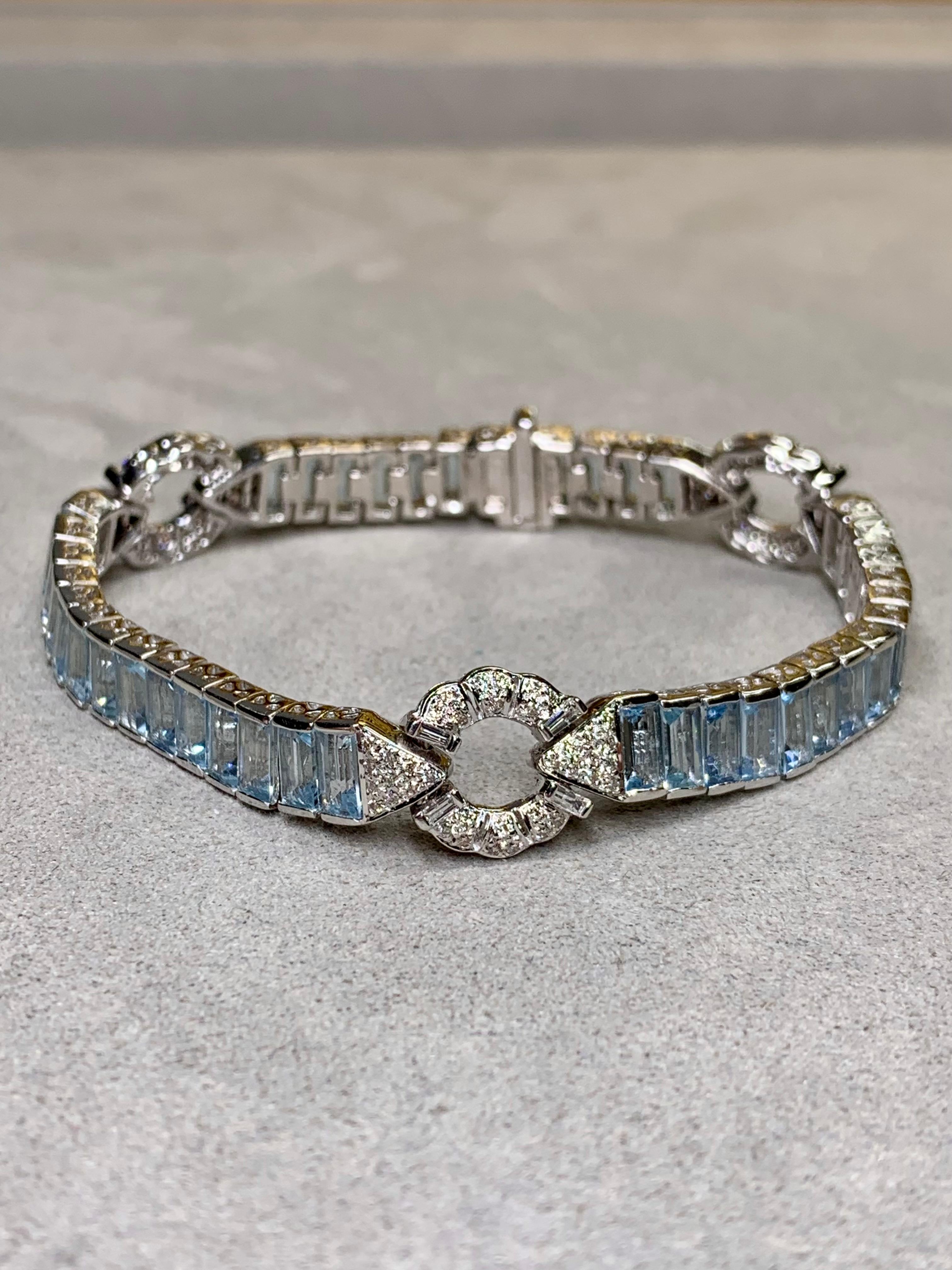 Baguette Cut Estate 18K White Gold Baguette Aquamarine Diamond Line Bracelet 21.80ctw 6.75” For Sale