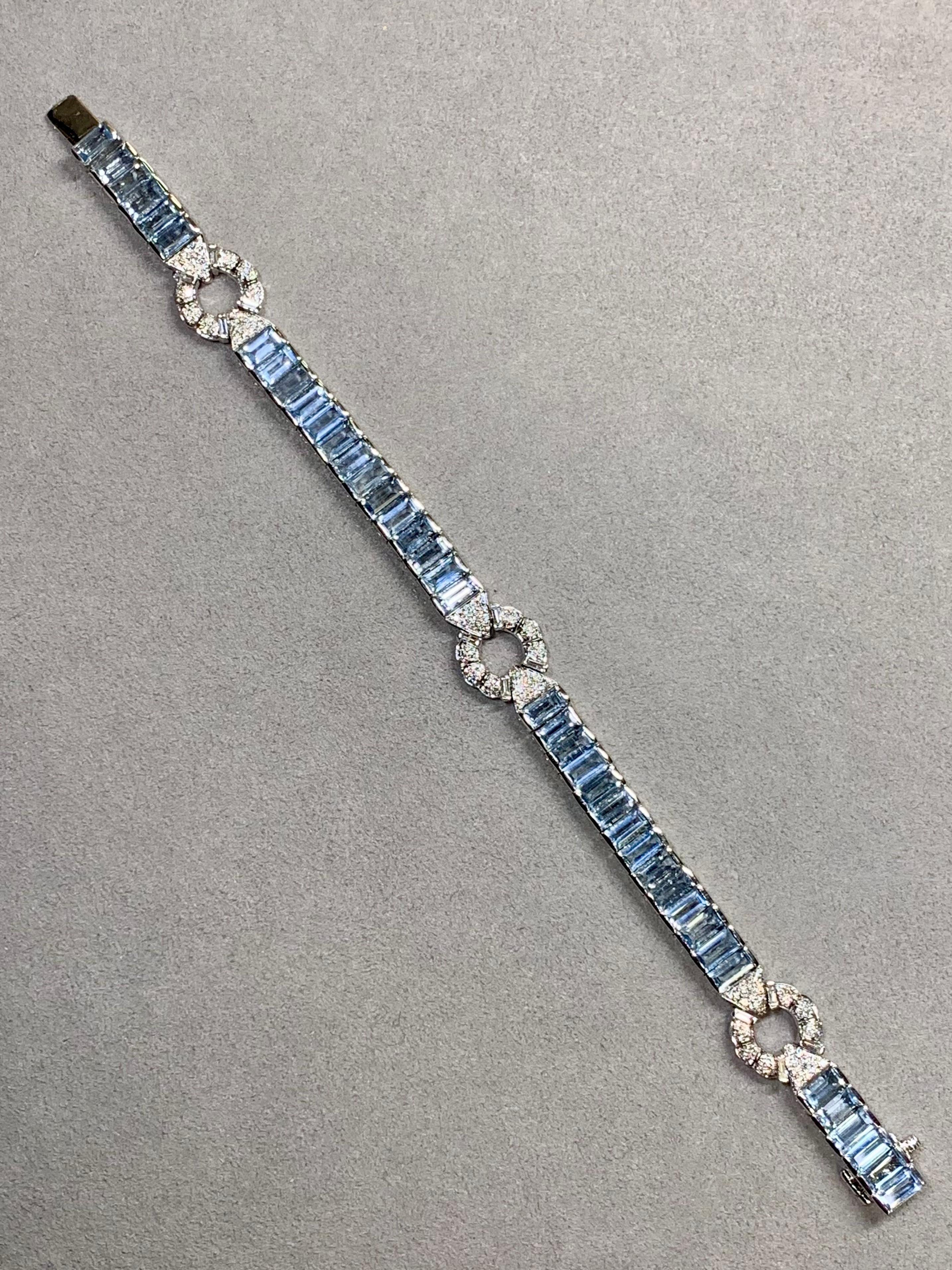 Estate 18K White Gold Baguette Aquamarine Diamond Line Bracelet 21.80ctw 6.75” In Good Condition For Sale In Winter Springs, FL