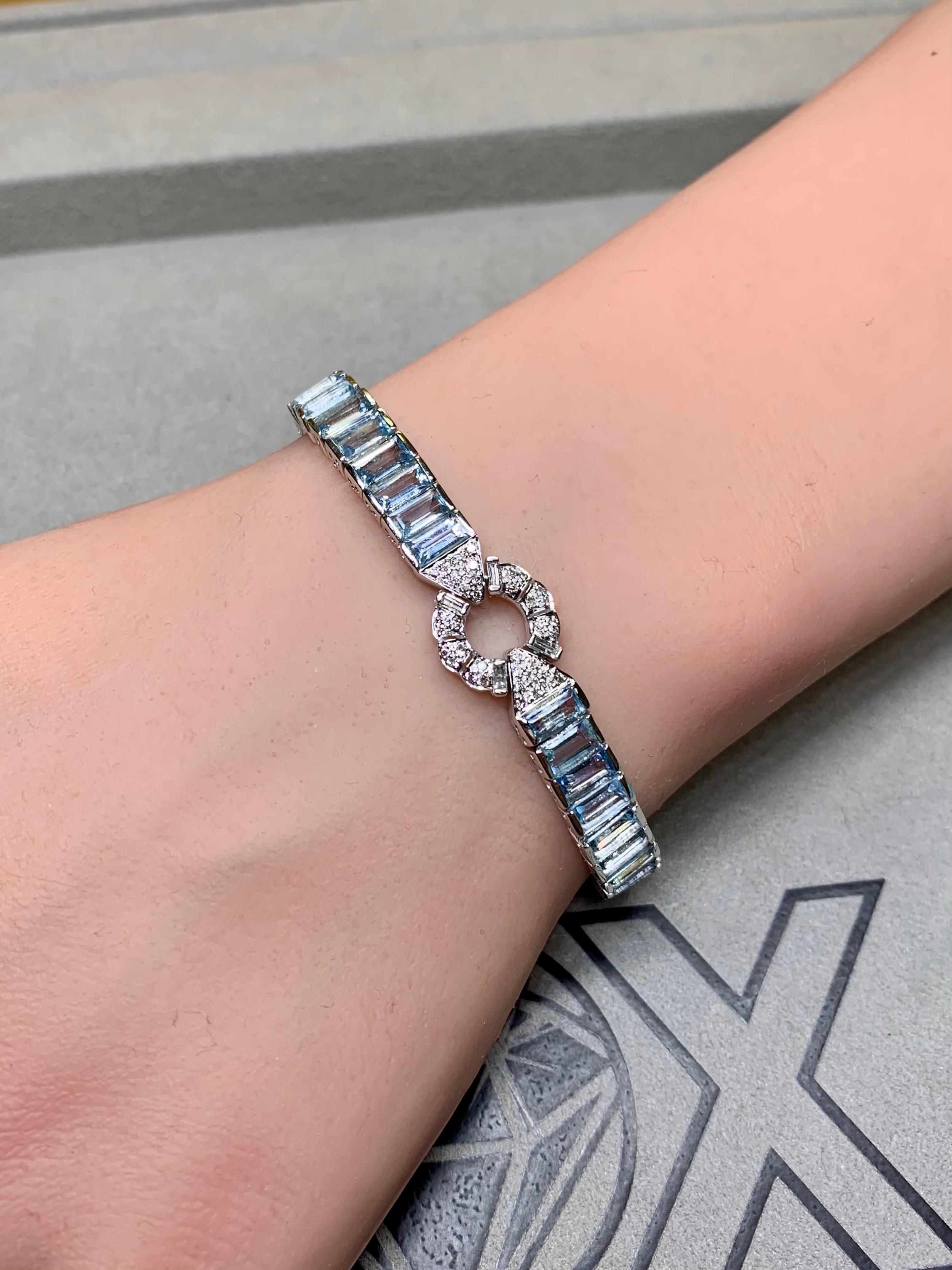 Women's or Men's Estate 18K White Gold Baguette Aquamarine Diamond Line Bracelet 21.80ctw 6.75” For Sale