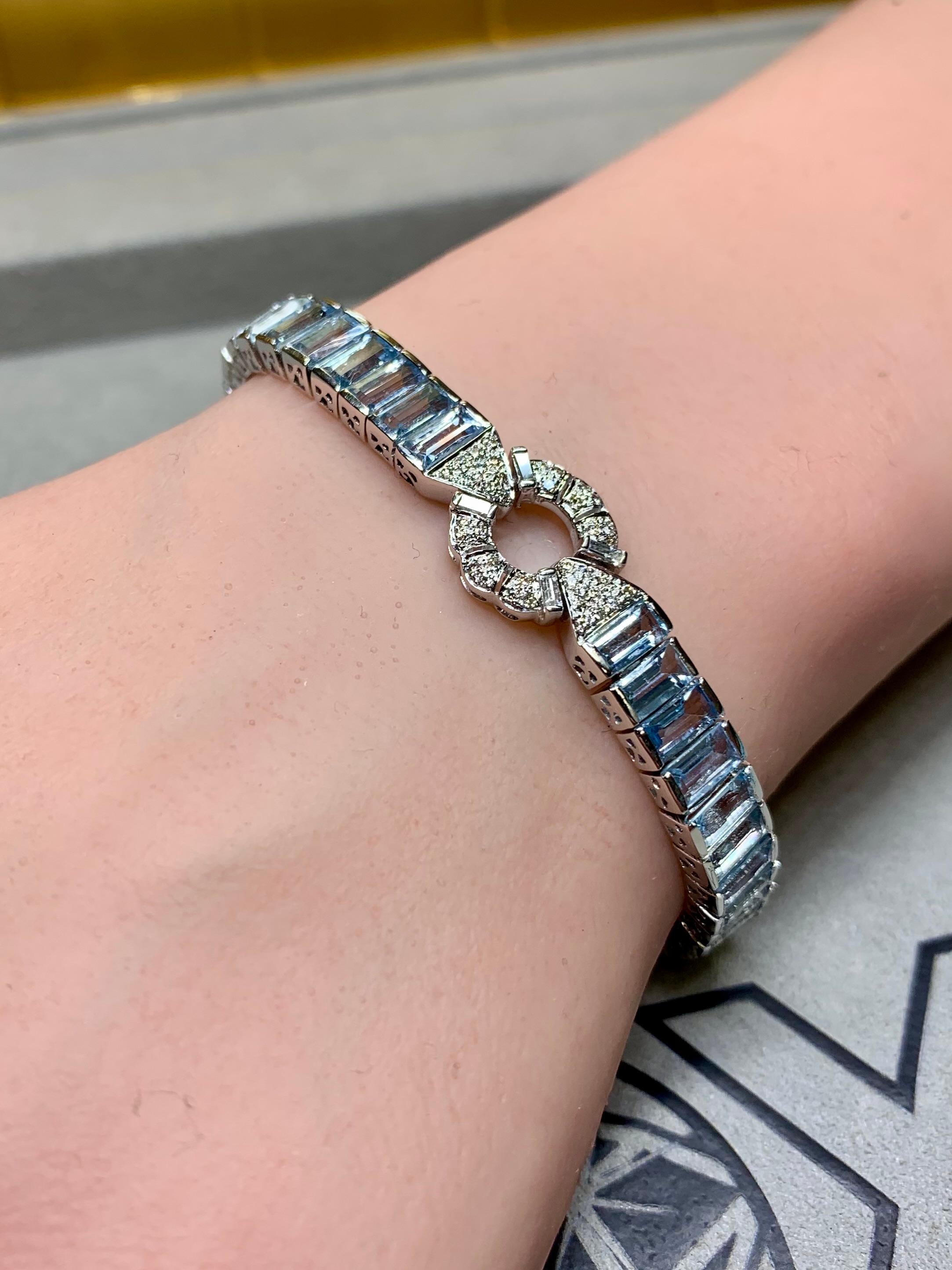 Estate 18K White Gold Baguette Aquamarine Diamond Line Bracelet 21.80ctw 6.75” For Sale 1