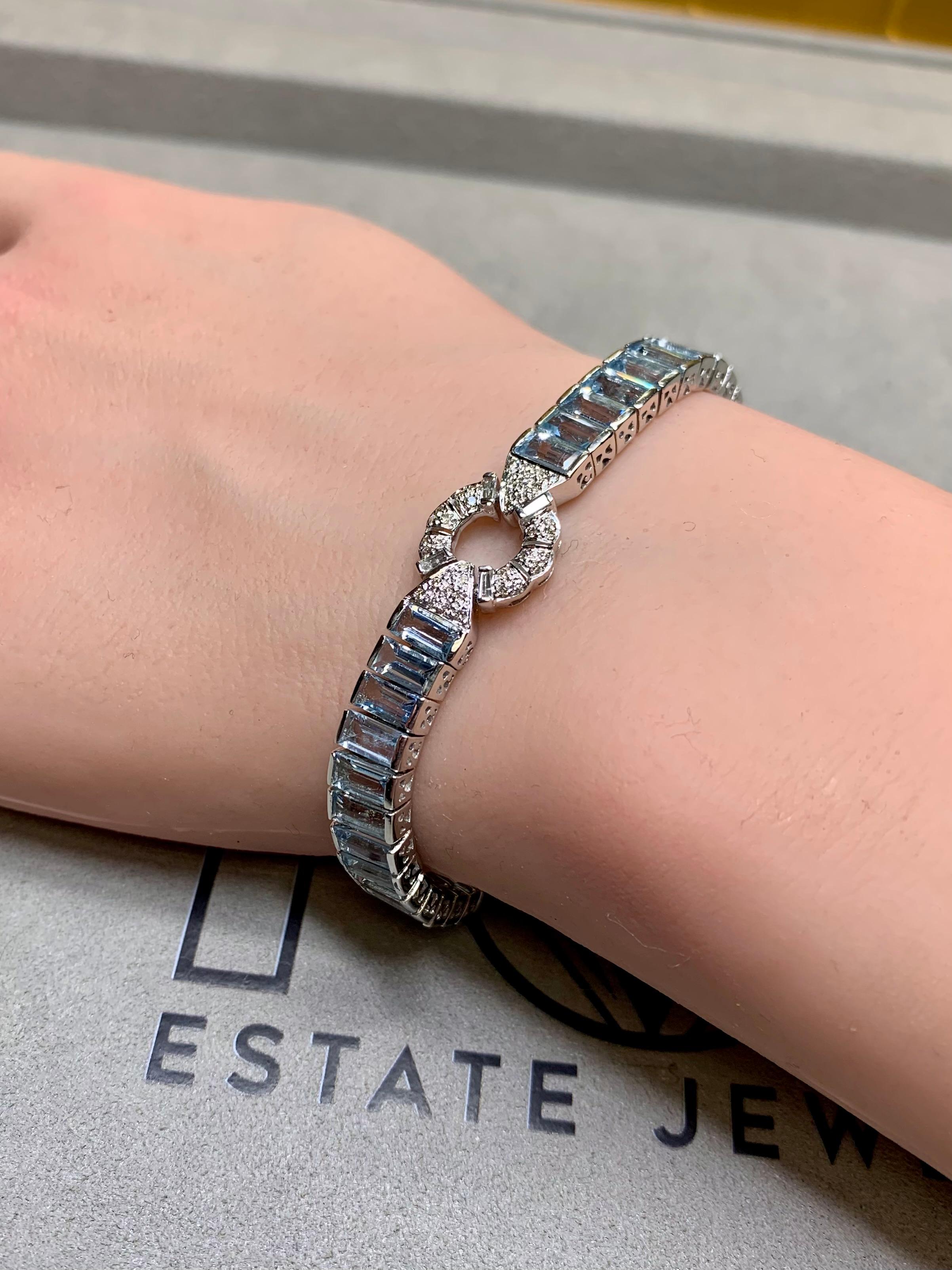 Estate 18K White Gold Baguette Aquamarine Diamond Line Bracelet 21.80ctw 6.75” For Sale 2